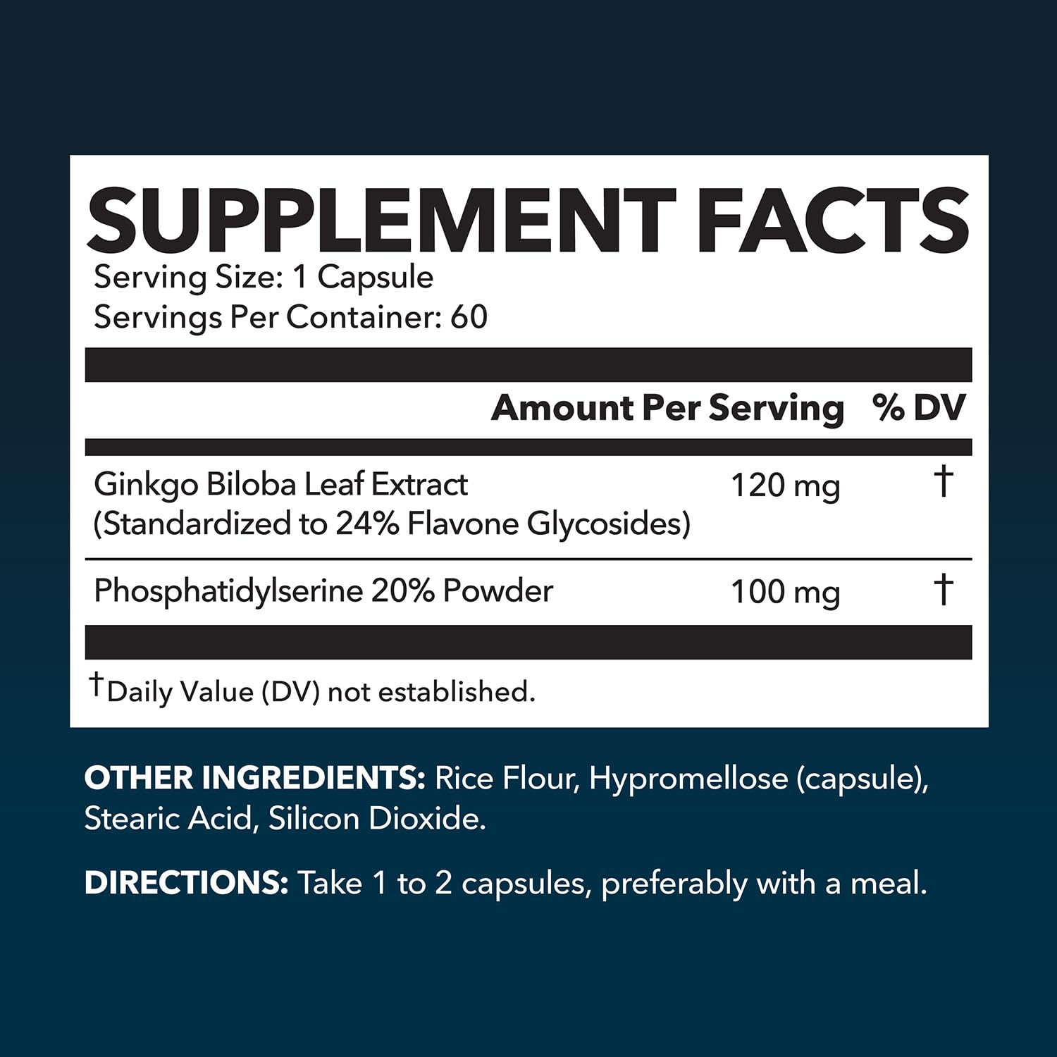 Ginkgo Biloba 120mg with Phosphatidylserine | Nootropic Brain Health & Focus - 60 Non-GMO Capsules
