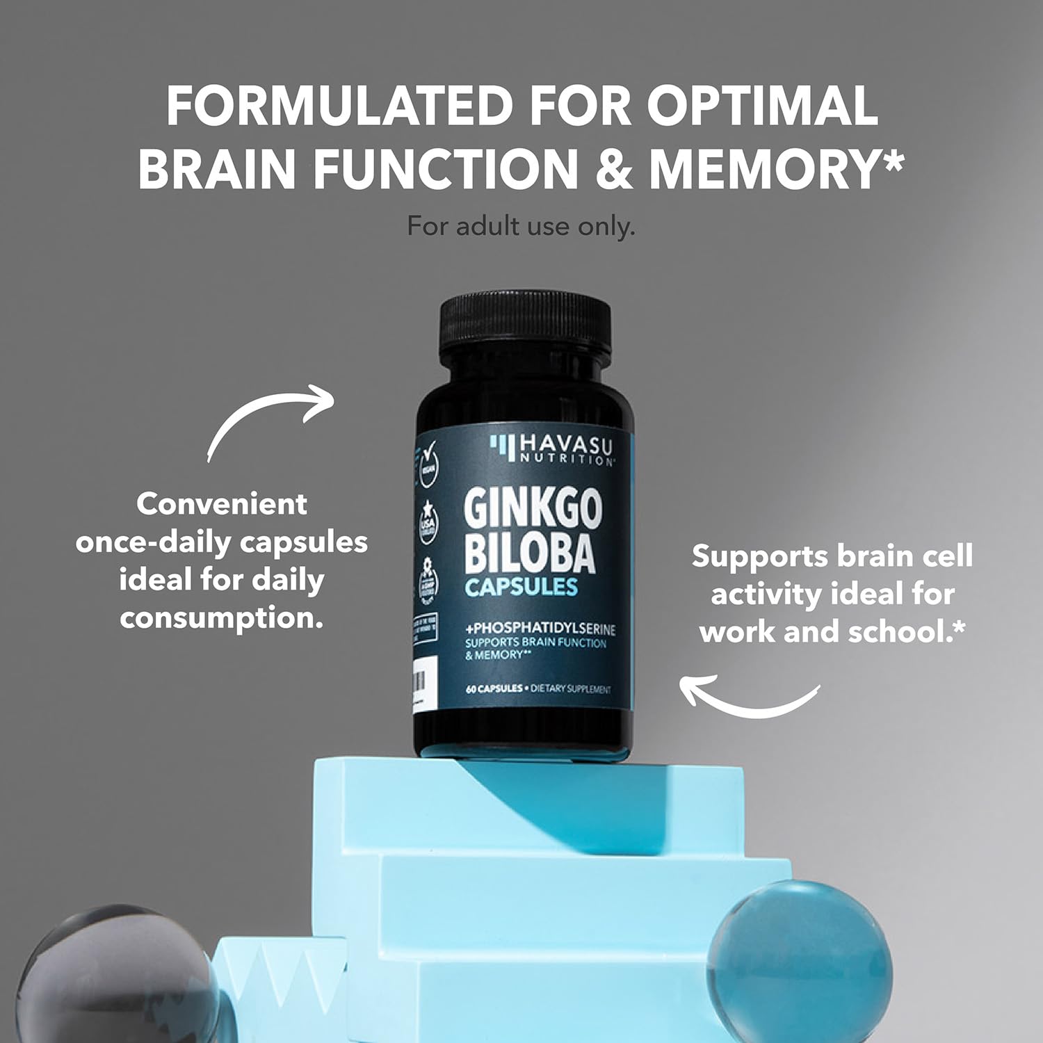 Ginkgo Biloba 120mg with Phosphatidylserine | Nootropic Brain Health & Focus - 60 Non-GMO Capsules