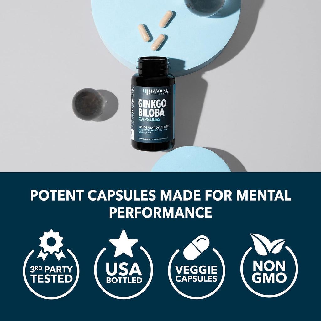 Ginkgo Biloba 120mg with Phosphatidylserine | Nootropic Brain Health & Focus - 60 Non-GMO Capsules