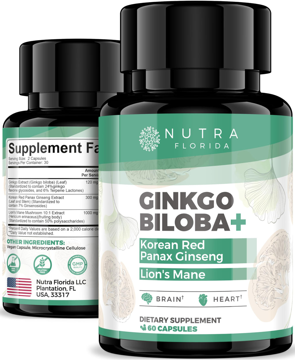 Ginkgo Biloba 120mg, Korean Red Ginseng 300mg & Lion's Mane 1000mg – Vegetarian Brain Supplement