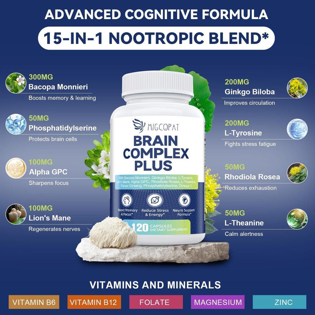 Brain Supplements for Memory & Focus – Nootropic with Bacopa Monnieri, Lion's Mane, Alpha GPC & Ginkgo (120 Caps)