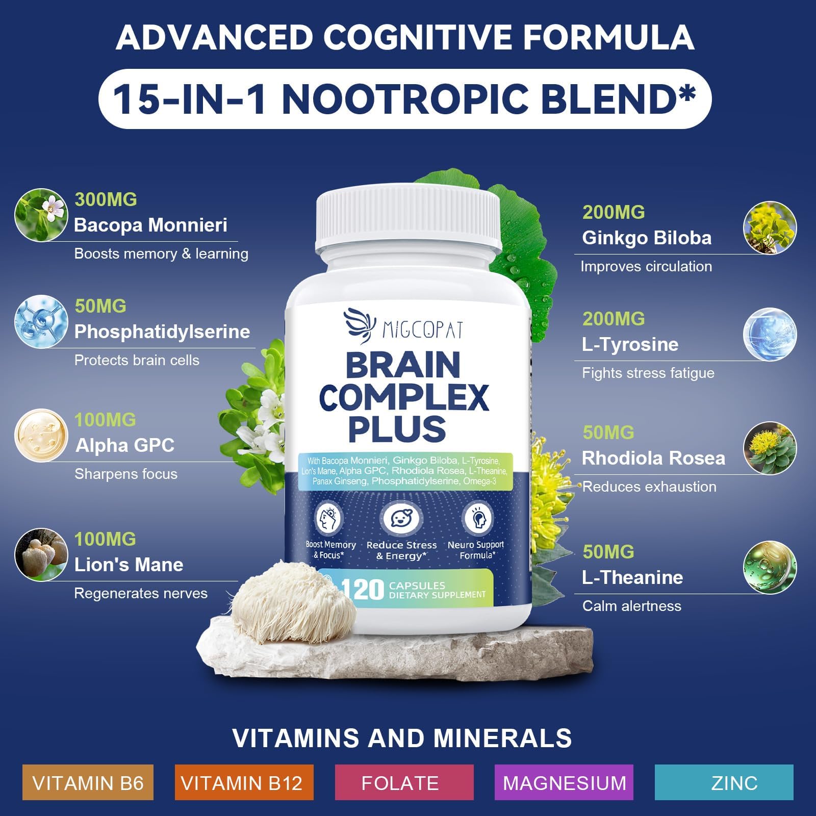 Brain Supplements for Memory & Focus – Nootropic with Bacopa Monnieri, Lion's Mane, Alpha GPC & Ginkgo (120 Caps)