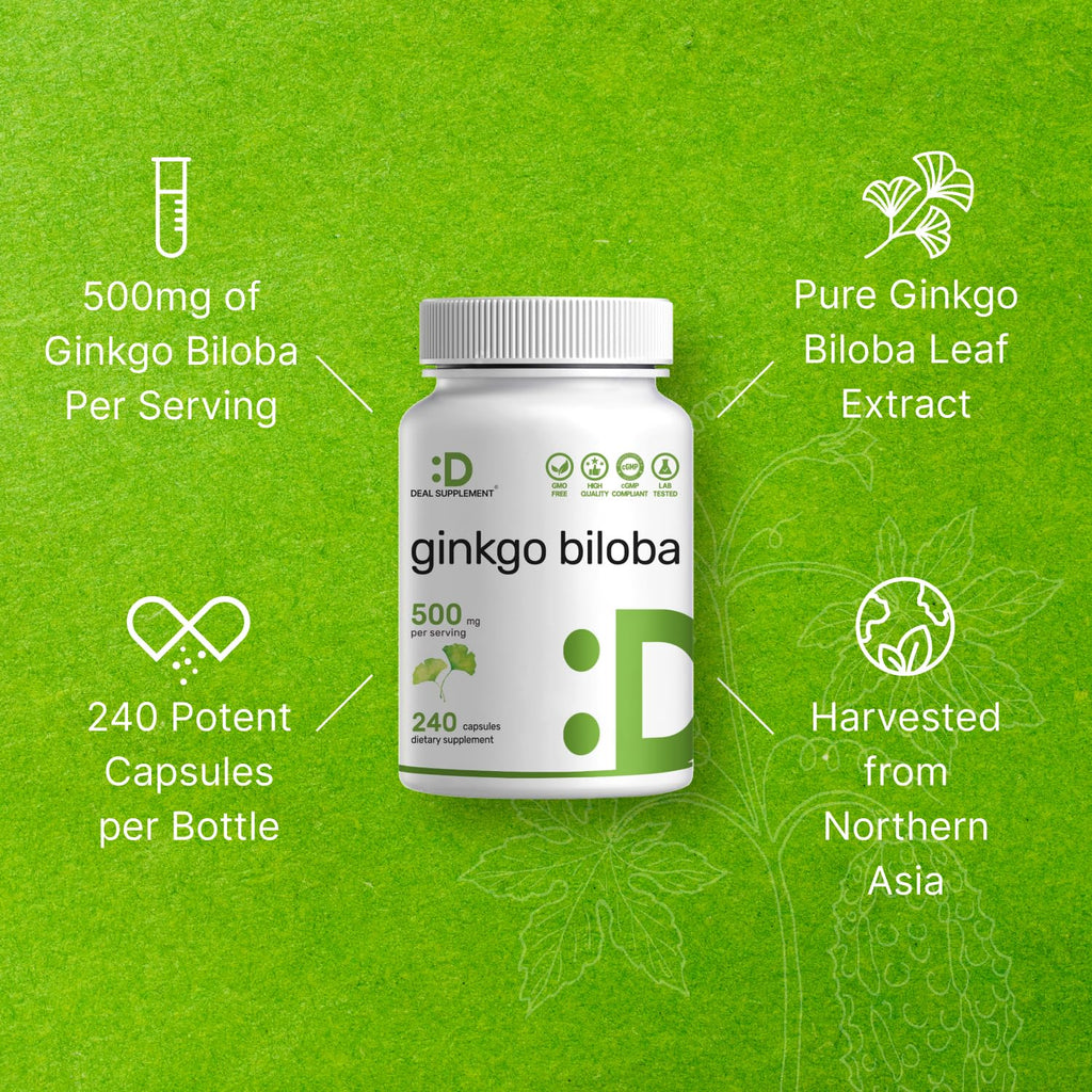 Ginkgo Biloba 500mg – 240 Capsules (4-Month Supply) – Extra Strength Brain Support