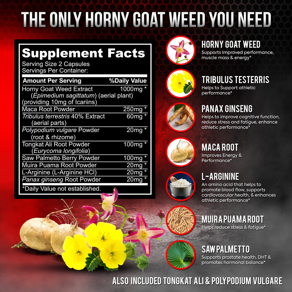 Super Strength 1590mg Horny Goat Weed 120 Capsules With Maca Arginine & Ginseng - Naturally Boost your Health, Workout Performance, Endurance & Energy, Joint Health For Men & Women (120C)