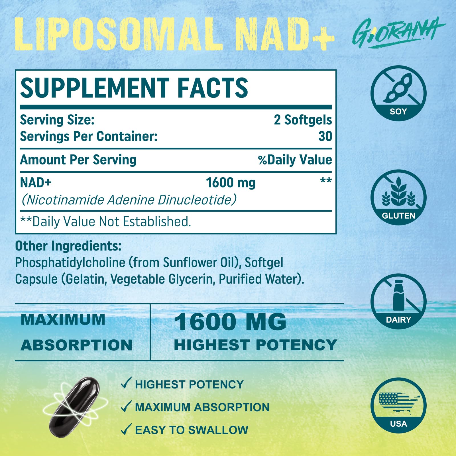 GIORANA 1600 MG Liposomal NAD+ Supplement | NAD+ Boosting, Vitamin B3, Energy & Longevity | Non-GMO, 60 Softgels