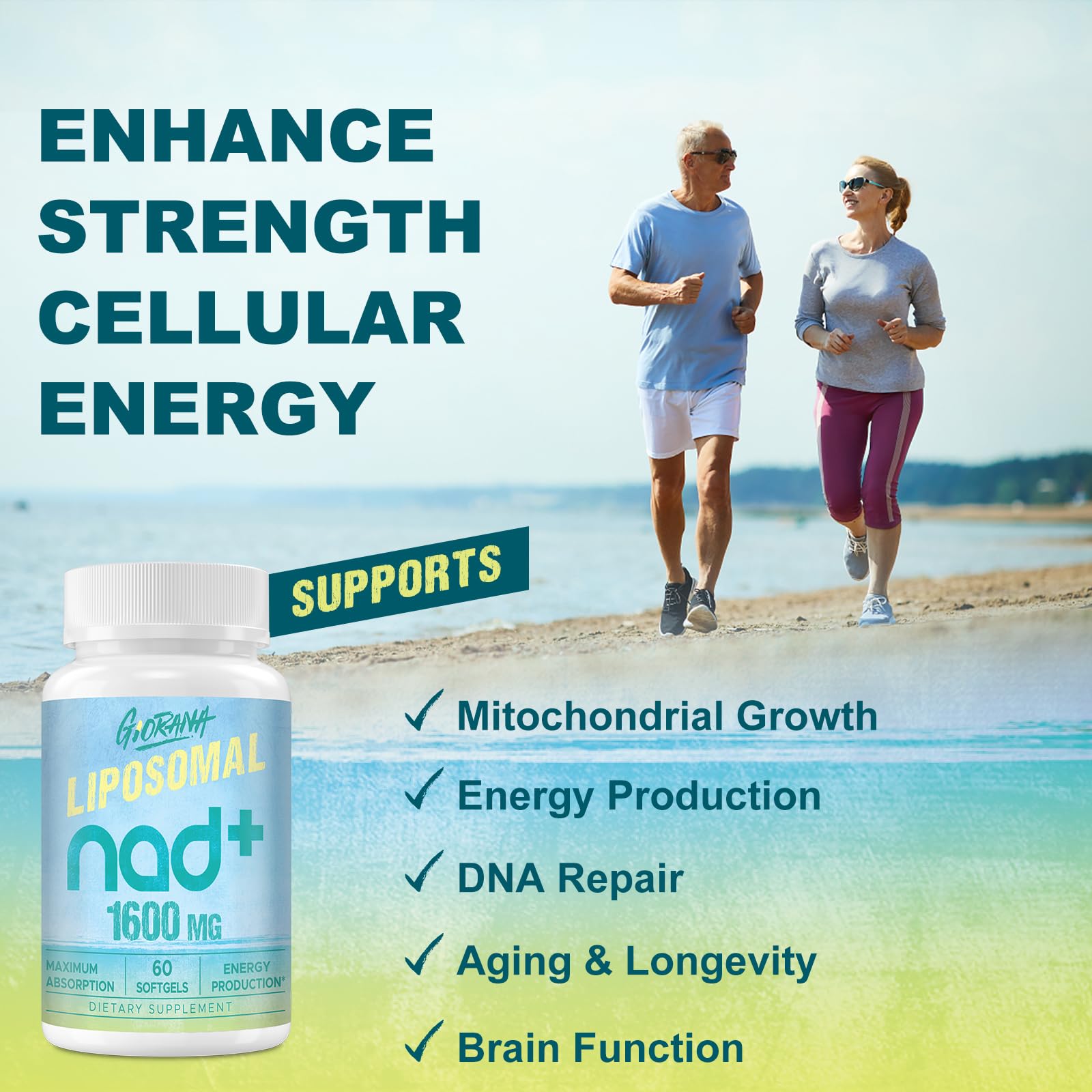 GIORANA 1600 MG Liposomal NAD+ Supplement | NAD+ Boosting, Vitamin B3, Energy & Longevity | Non-GMO, 60 Softgels