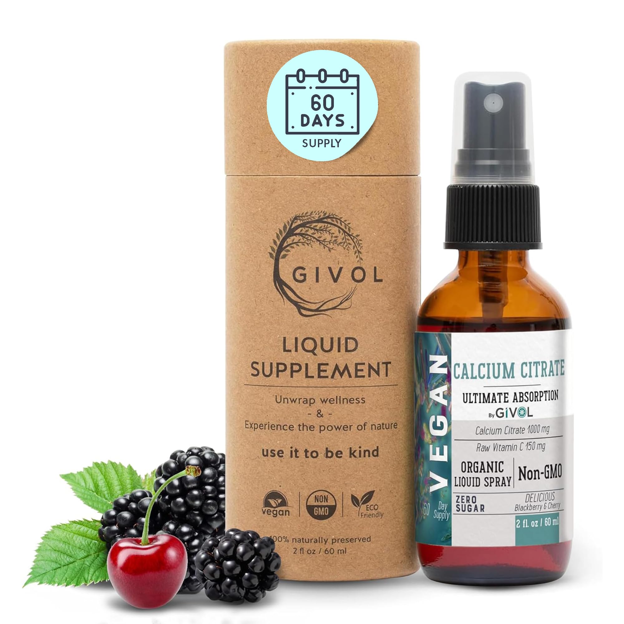 GIVOL Liquid Calcium Citrate 1000mg + Vitamin C 150mg Spray – Wild Cherry & Blackberry (2oz/60ml)