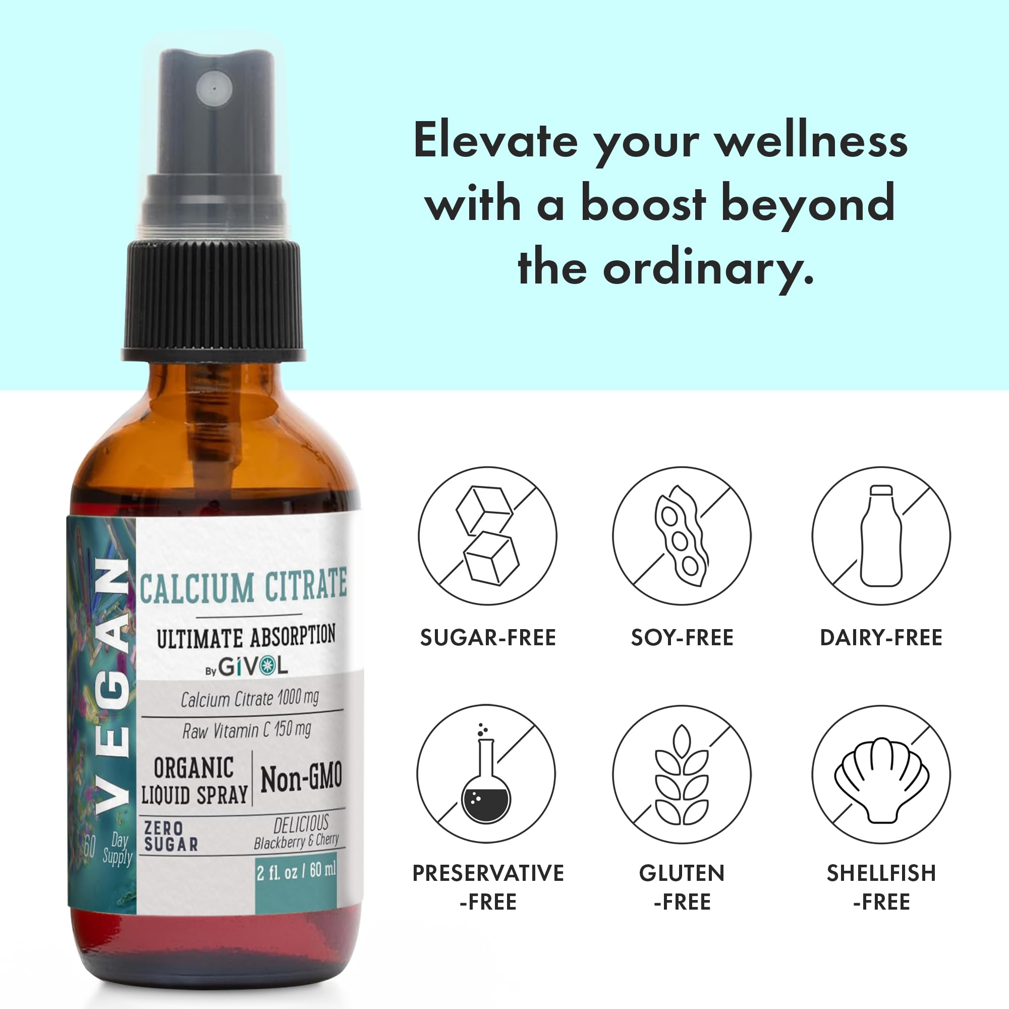 GIVOL Liquid Calcium Citrate 1000mg + Vitamin C 150mg Spray – Wild Cherry & Blackberry (2oz/60ml)