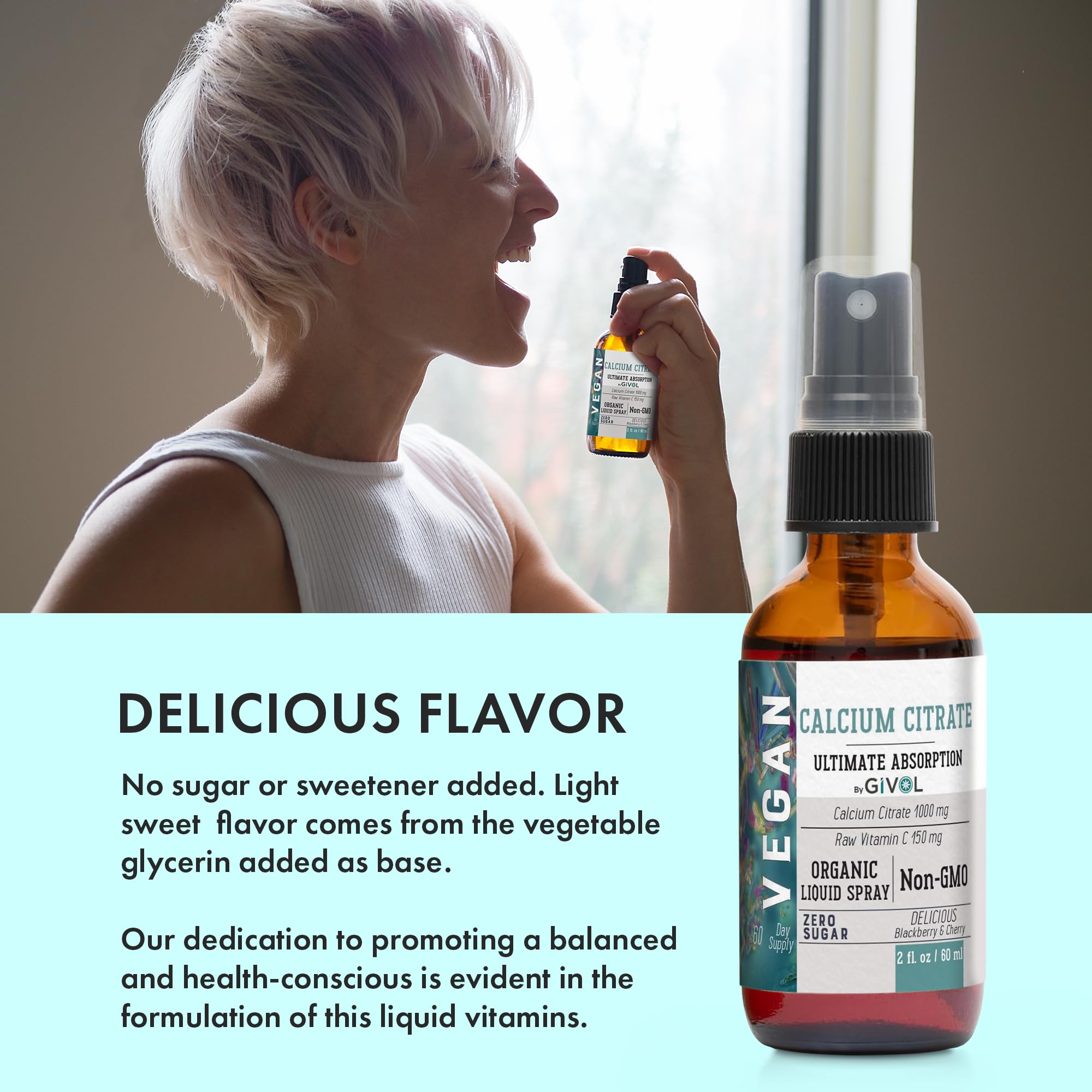 GIVOL Liquid Calcium Citrate 1000mg + Vitamin C 150mg Spray – Wild Cherry & Blackberry (2oz/60ml)