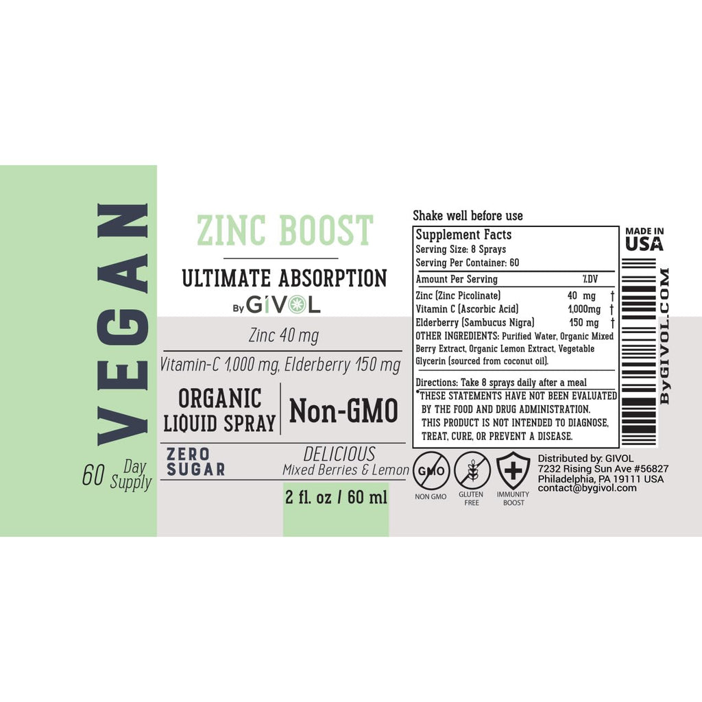 GIVOL Organic ZINC Boost Mist 40 mg – Sugar Free, Vitamin C & Elderberry – Vegan Liquid Spray (60 ml)