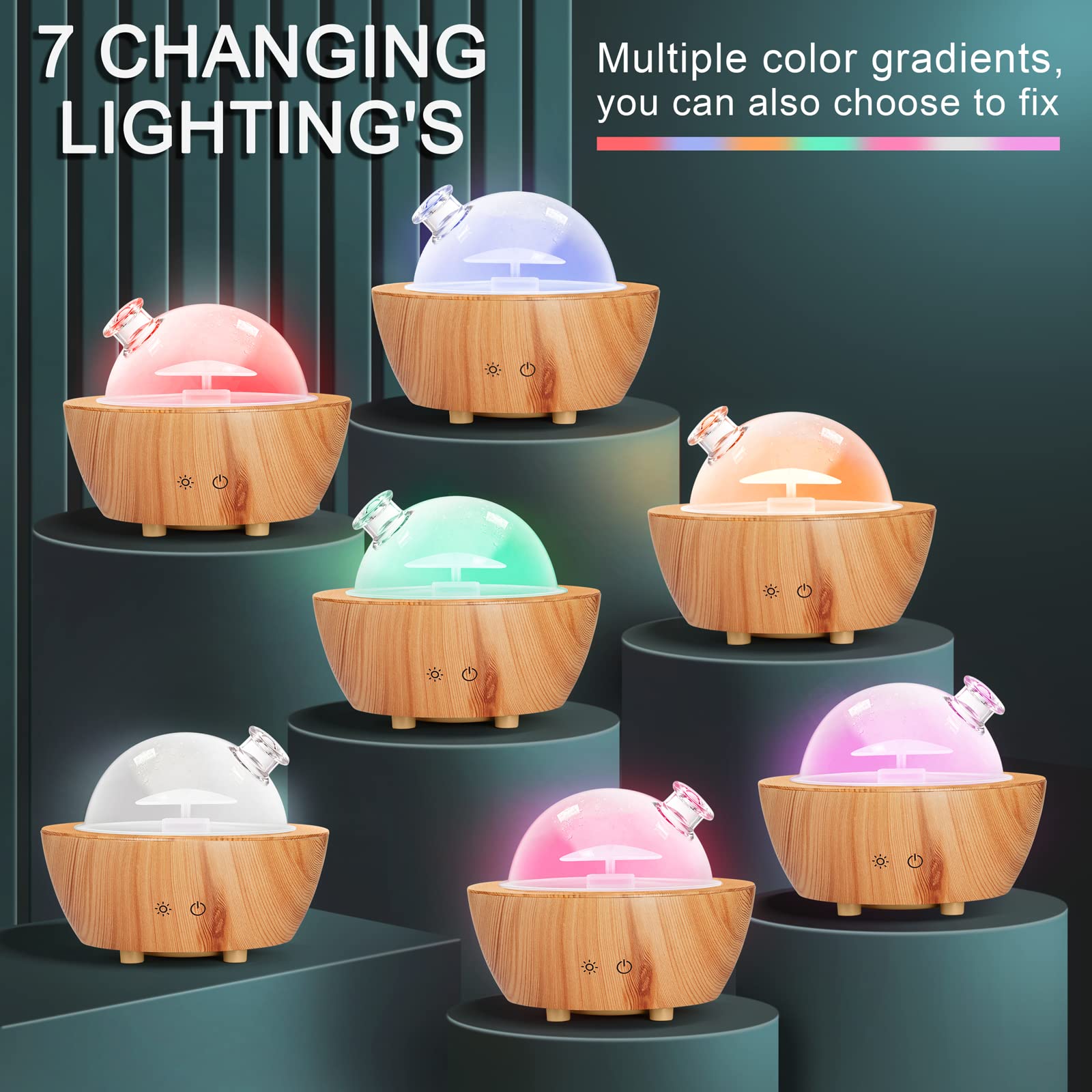 Glass Essential Oil Diffuser with Wood Grain Base, 280ml | 7-Color LED, Auto-Off