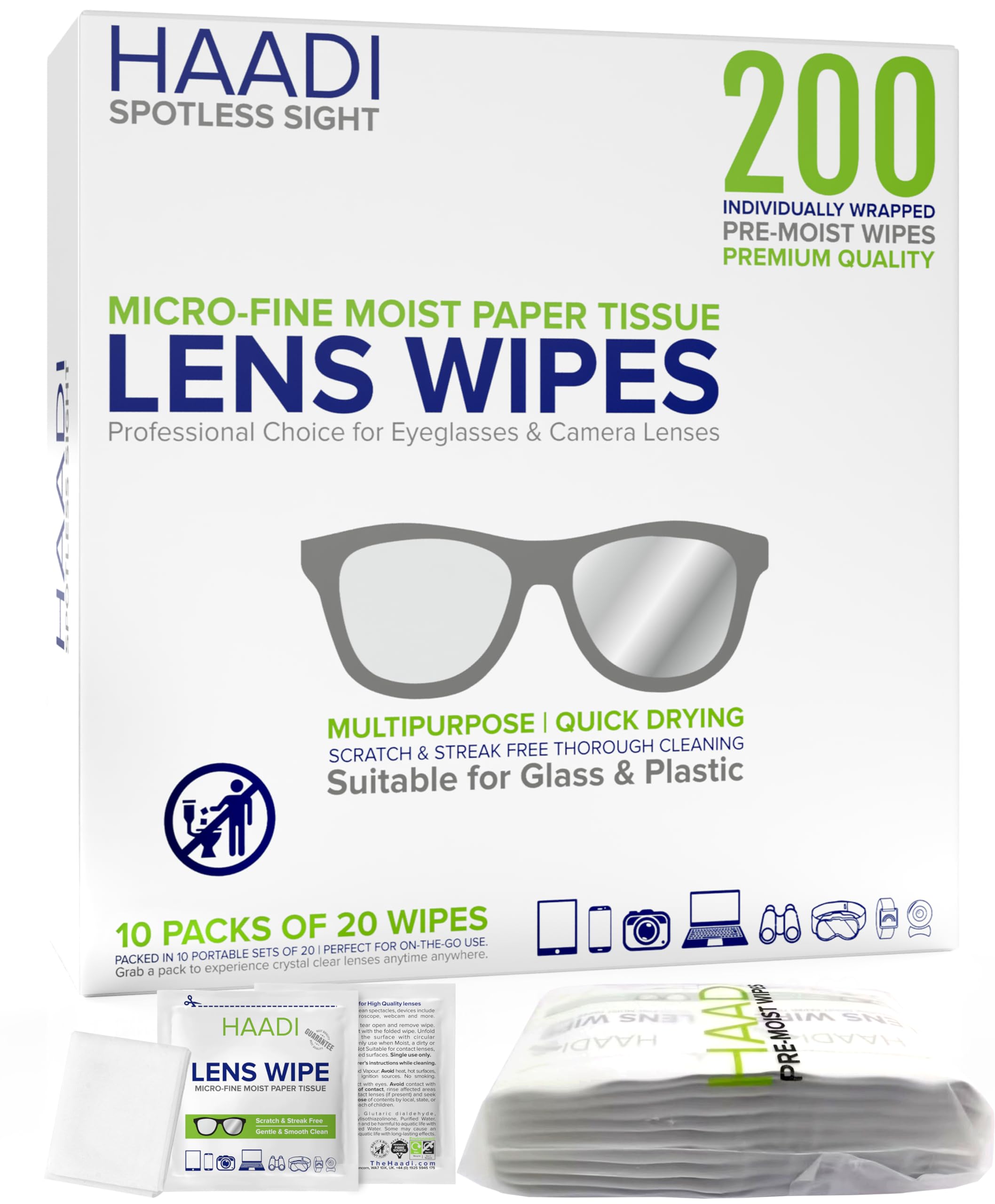 Glasses Cleaner Wipes – 200 Individually Wrapped, Pre-Moistened Lenses Wipes for Eyeglasses, Cameras, Binoculars & Screens