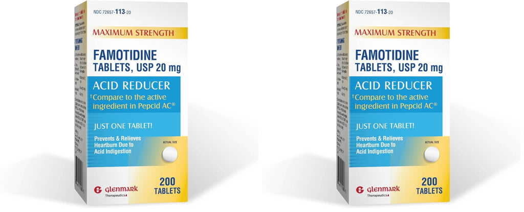 Glenmark Maximum Strength Famotidine 20 mg – 200 Count (Pack of 2) | Heartburn Relief