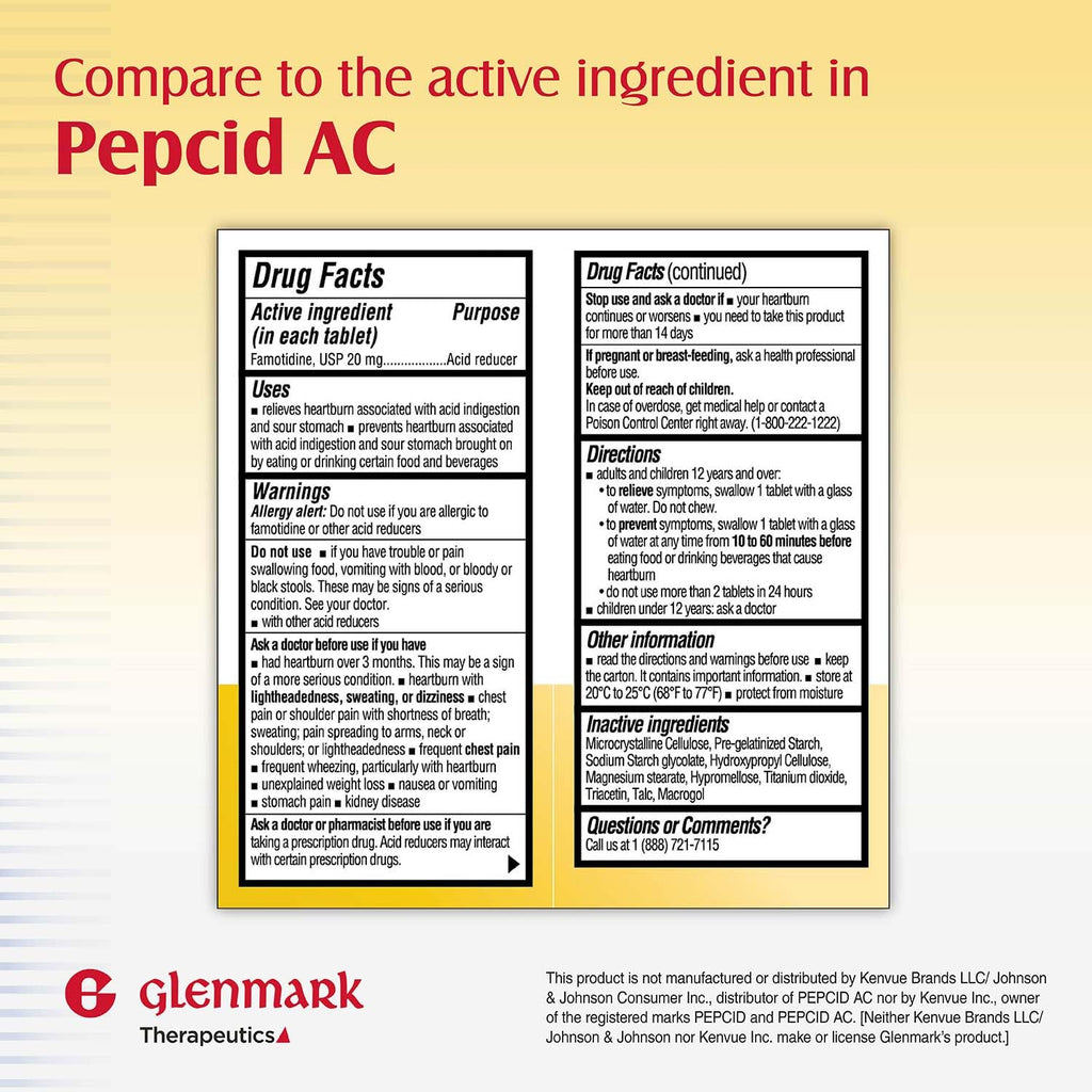 Glenmark Maximum Strength Famotidine 20 mg Tablets – 100 Count | Heartburn Relief OTC