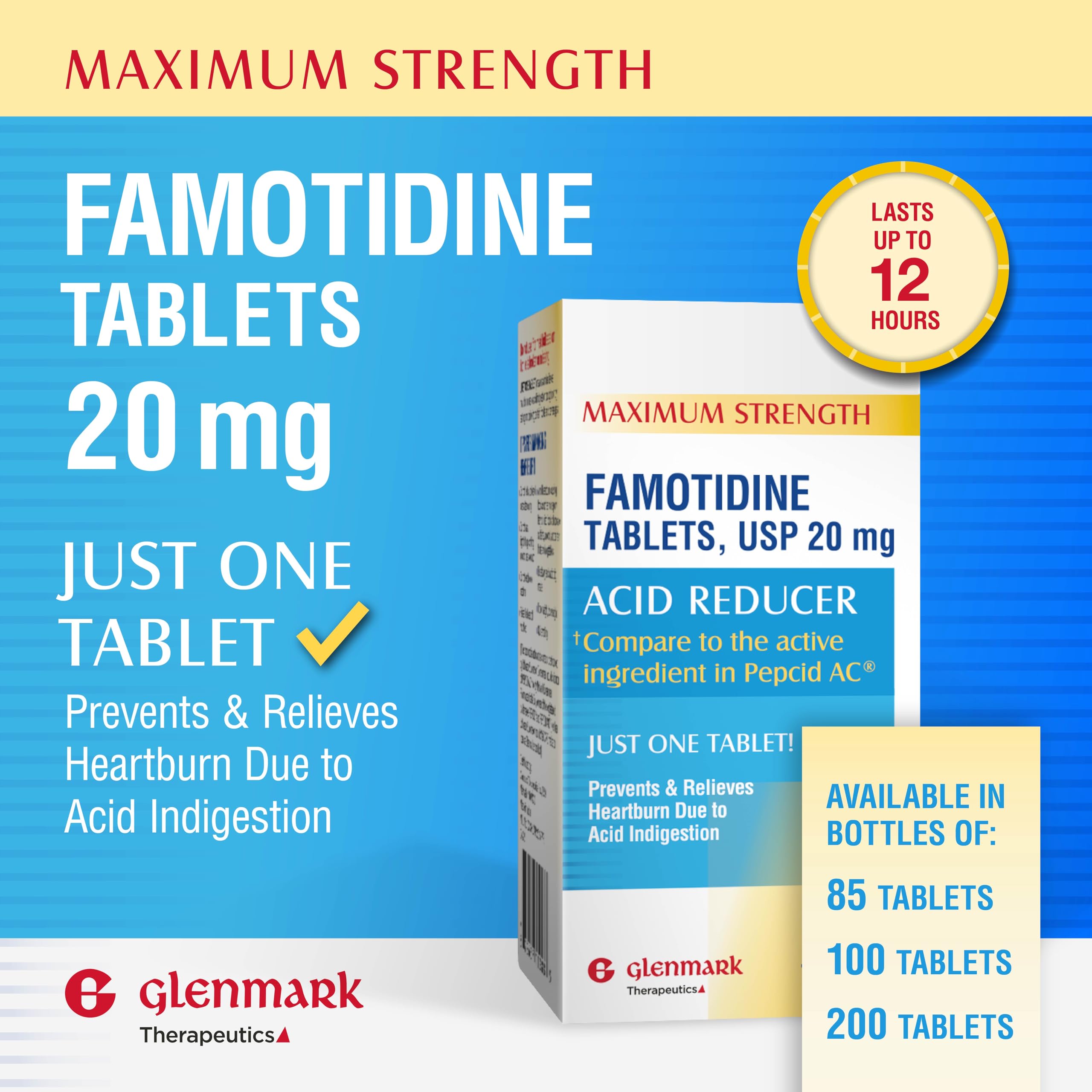 Glenmark Maximum Strength Famotidine 20 mg Tablets – 100 Count | Heartburn Relief OTC