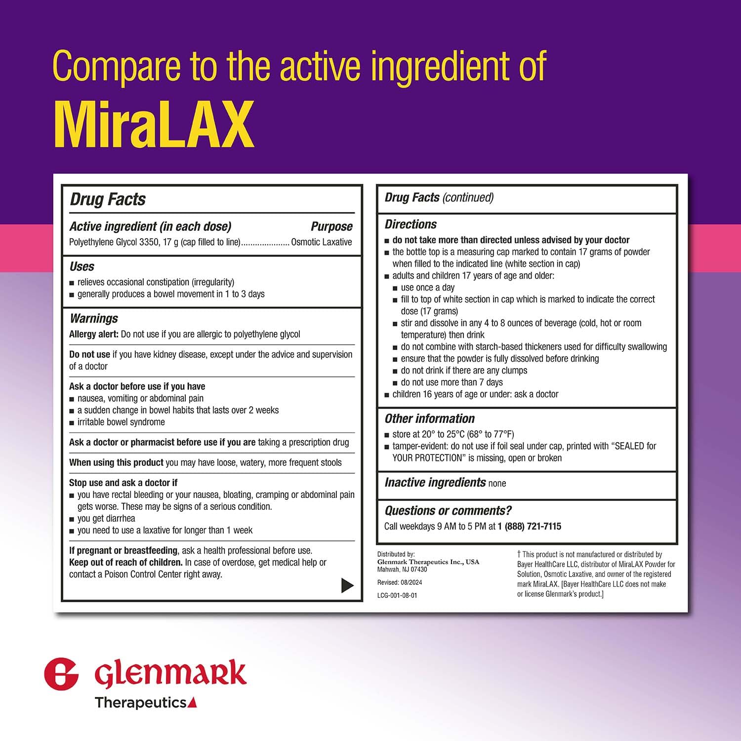 Glenmark Therapeutics PEG 3350 Powder – Osmotic Laxative, 26.9 oz, 45 Daily Doses