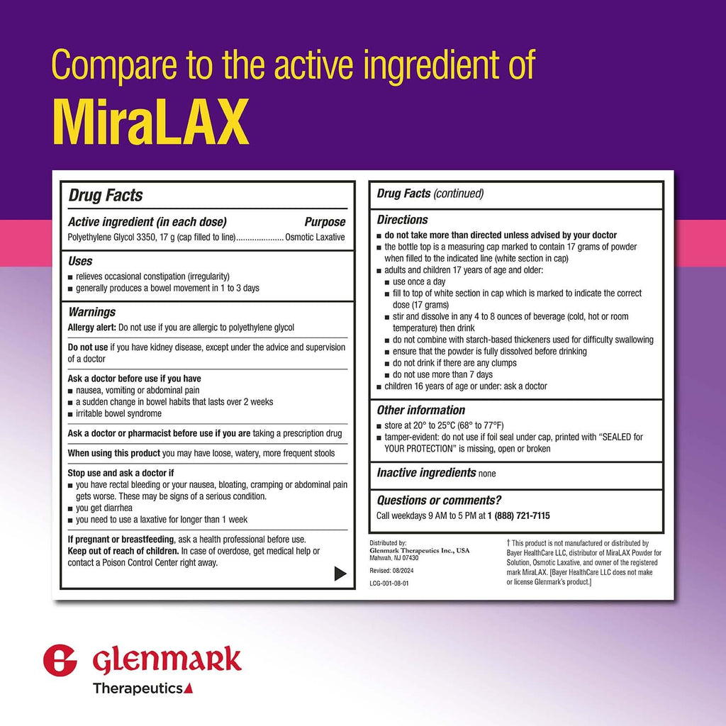 Glenmark Therapeutics PEG 3350 Powder – Osmotic Laxative, 26.9 oz, 45 Daily Doses