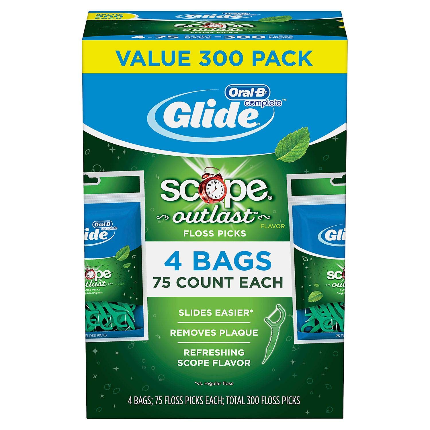 Glide Oral-B Floss Picks Plusx 40mm Outlast – Long Lasting Mint, 4 Pack of 75
