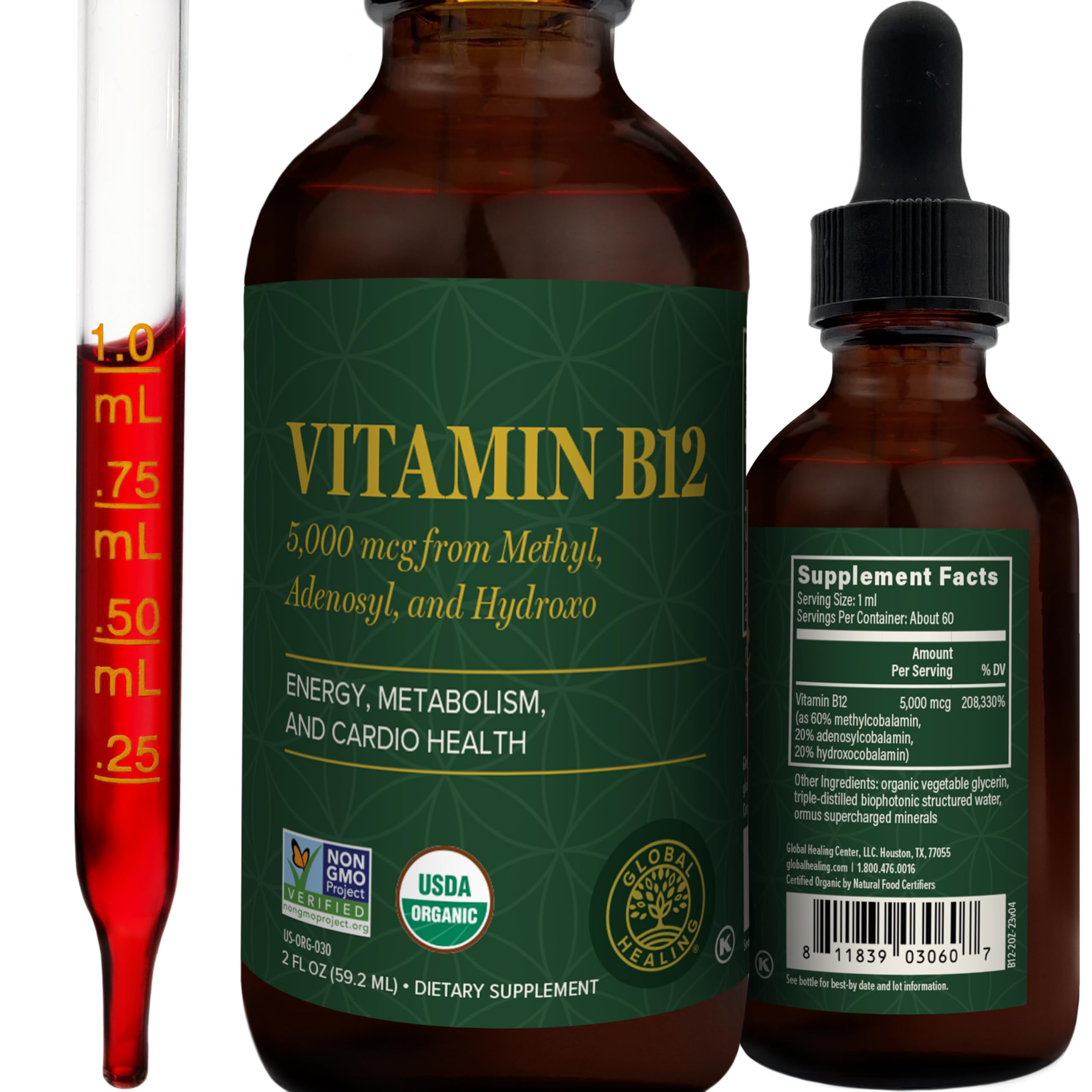 Global Healing Vitamin B12 5000 mcg Sublingual Liquid – Methylcobalamin & Hydroxo Blend, Vegan & Non-GMO (2 oz)