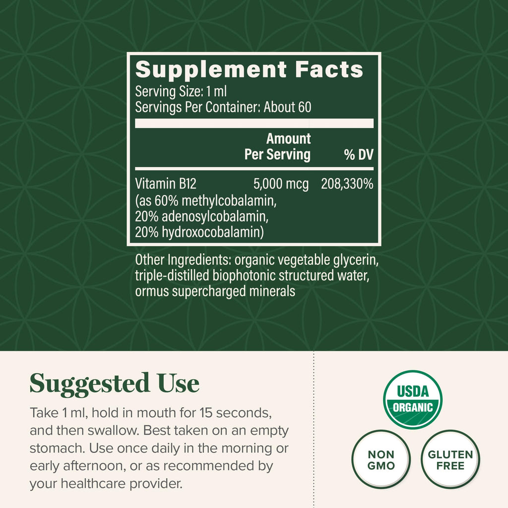 Global Healing Vitamin B12 5000 mcg Sublingual Liquid – Methylcobalamin & Hydroxo Blend, Vegan & Non-GMO (2 oz)