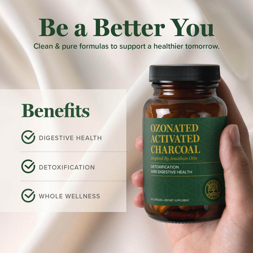 Global Healing Center - Ozonated Activated Charcoal Powder - Advanced Digestive Detox That Adsorbs Internal Unwanted Compounds - Helps Relieve Occasional Gas Discomfort - 60 Activated Charcoal Pills