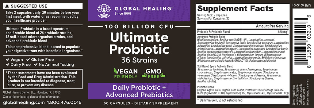 Global Healing Center Ultimate Probiotic Blend with Prebiotics — 100 Billion CFU, 60 Capsules