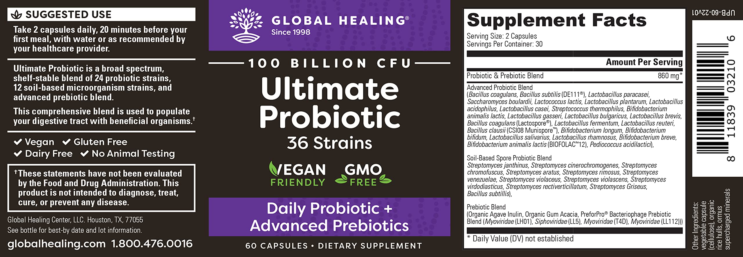Global Healing Center Ultimate Probiotic Blend with Prebiotics — 100 Billion CFU, 60 Capsules