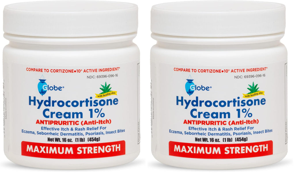 Globe Hydrocortisone 1% Cream with Aloe – 16 oz Jar (Pack of 2) | Maximum-Strength Anti-Itch Relief