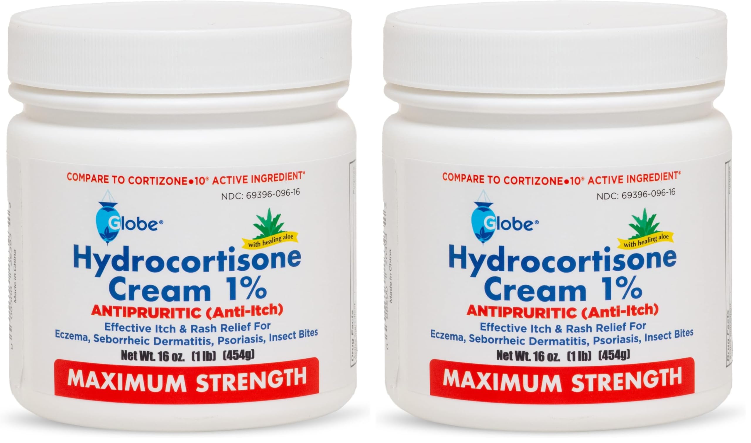 Globe Hydrocortisone 1% Cream with Aloe – 16 oz Jar (Pack of 2) | Maximum-Strength Anti-Itch Relief