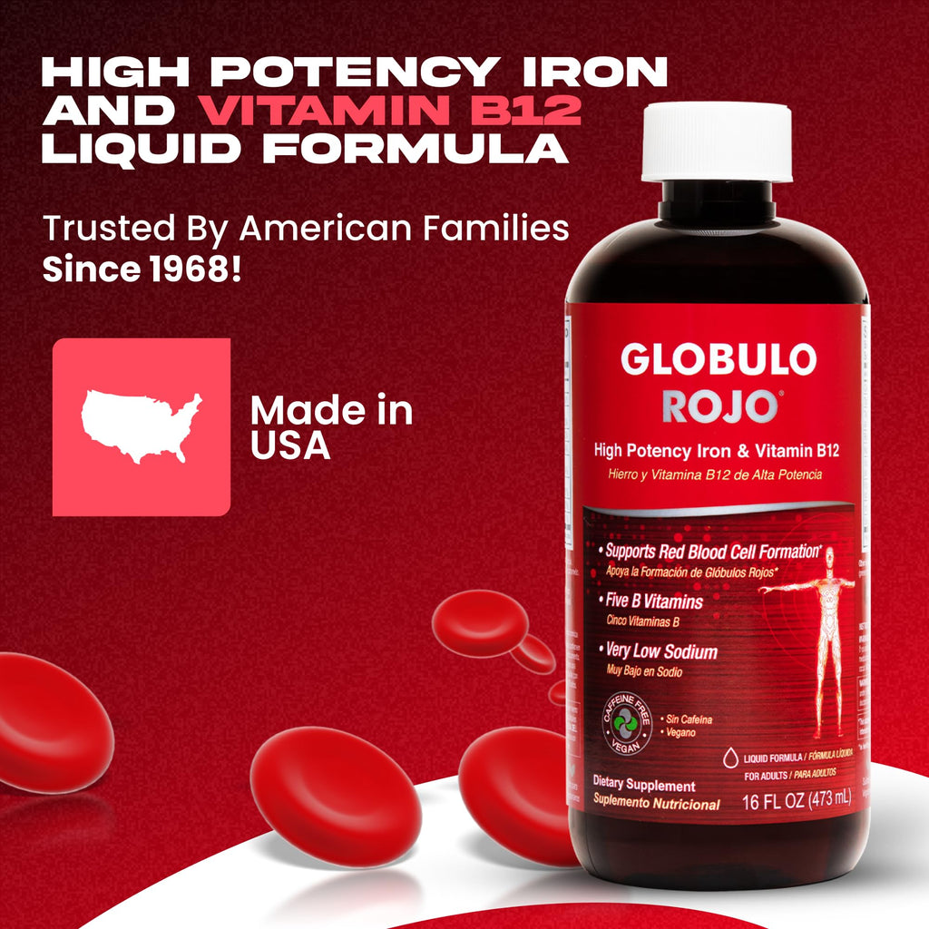 Globulo Rojo Iron Supplement – High-Potency Vegan Liquid Iron + B Vitamins, 16 Oz