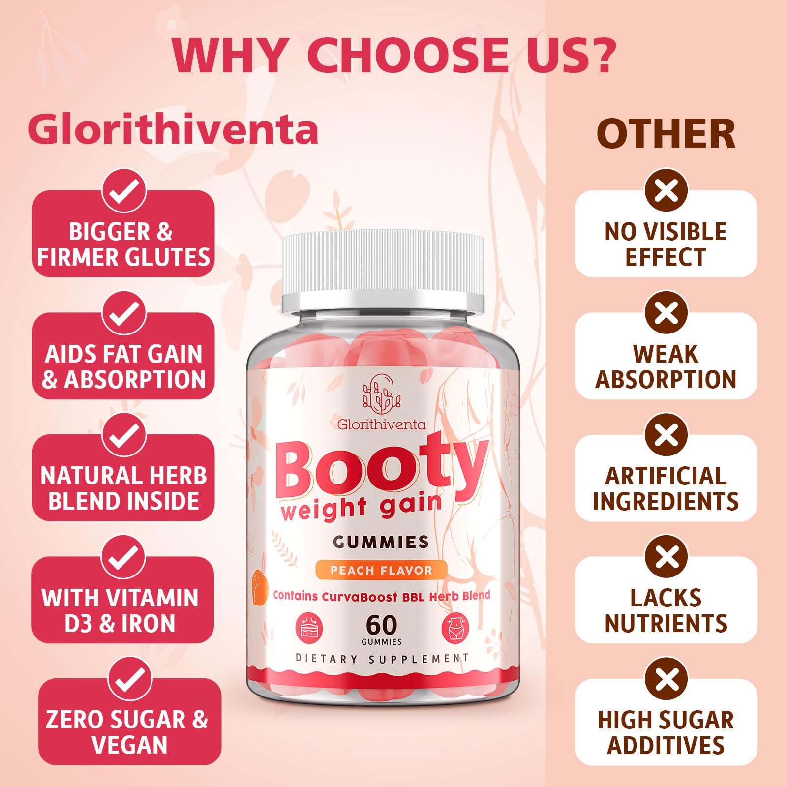 Glorithiventa Booty Gummies for Women | CurvaBoost BBL Herb Blend, Creatine Monohydrate, Zero Sugar, Peach Flavor – 60 Counts