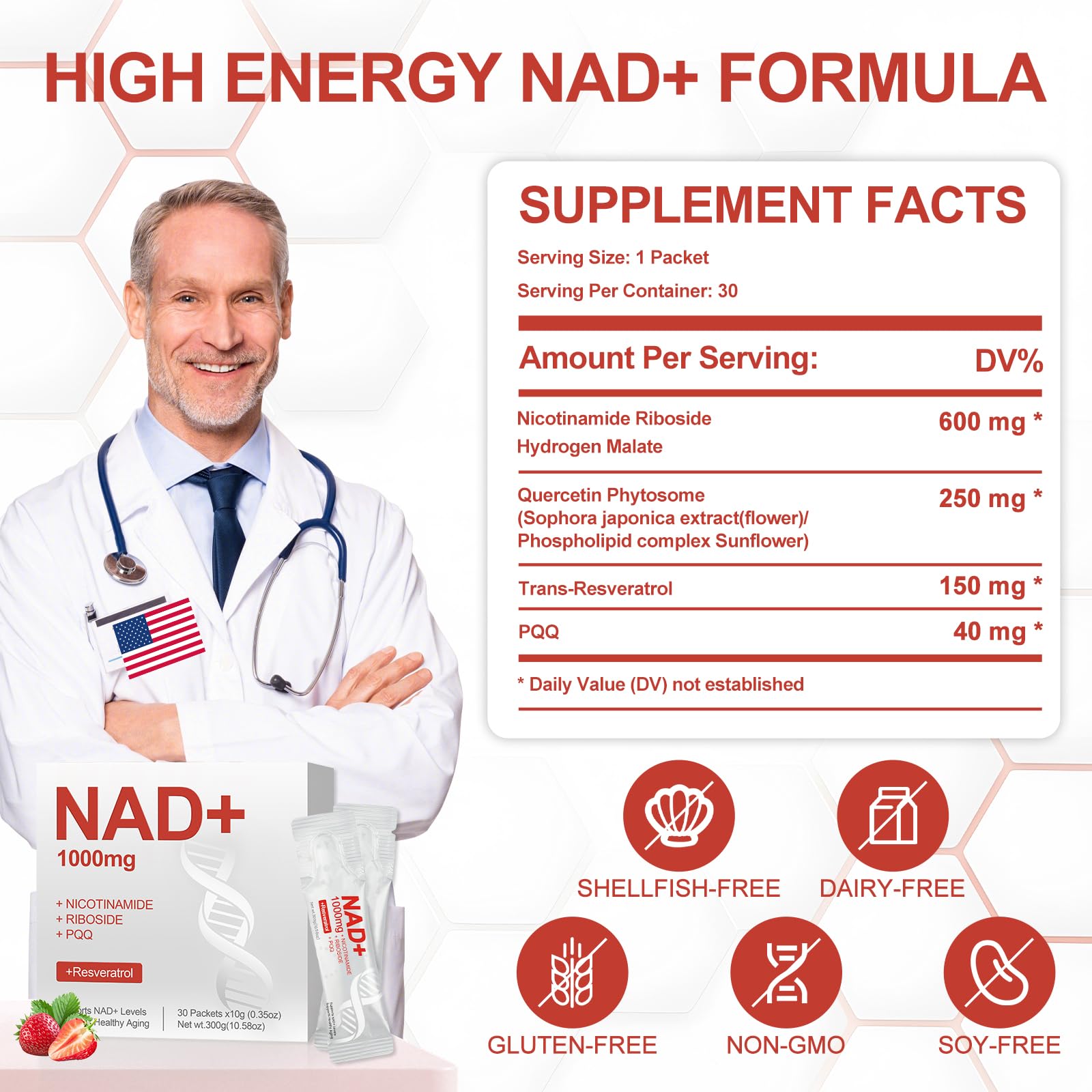 GlossLuxe NAD Liquid 1000mg – NAD+ Supplement with Nicotinamide Riboside, Resveratrol & PQQ | 30 Packets