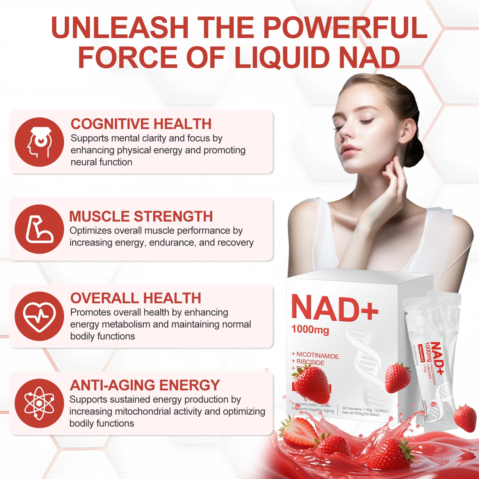 GlossLuxe NAD Liquid 1000mg – NAD+ Supplement with Nicotinamide Riboside, Resveratrol & PQQ | 30 Packets