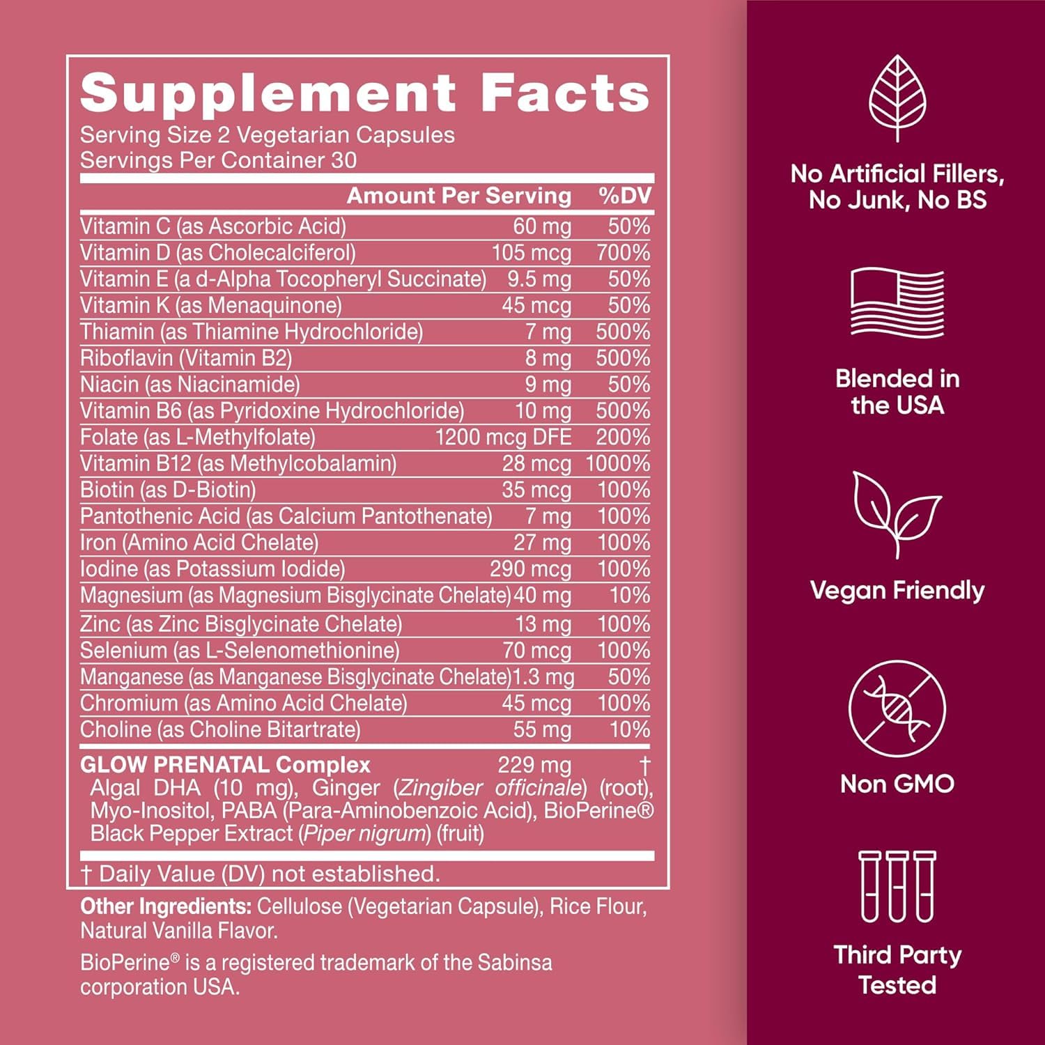 Glow Prenatal Vitamins – 60 Capsules, 20-in-1 Nutrients for Healthy Pregnancy