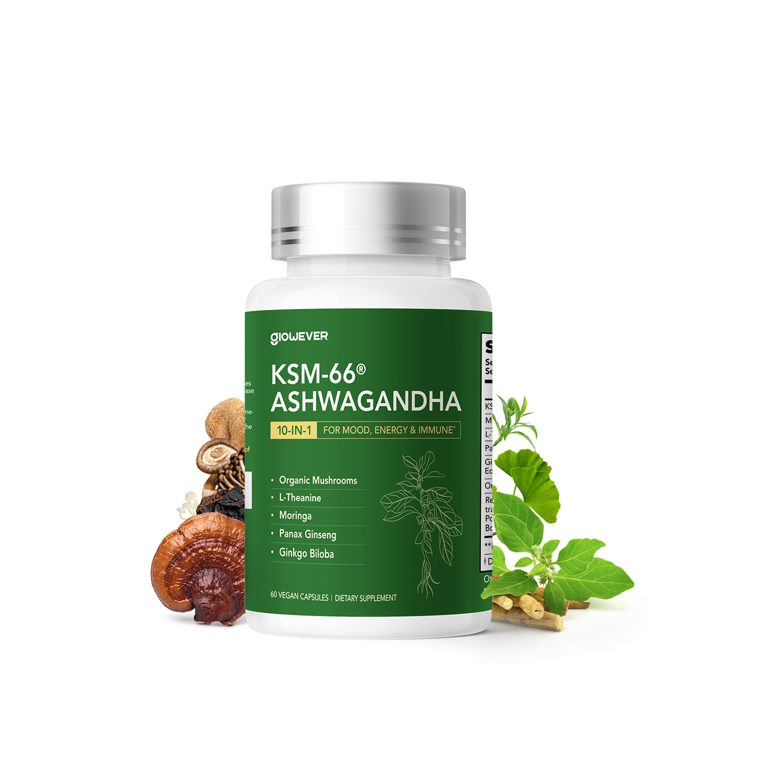 GlowEver KSM-66 Ashwagandha with L-Theanine – Mood & Energy Support | 60 Vegan Capsules