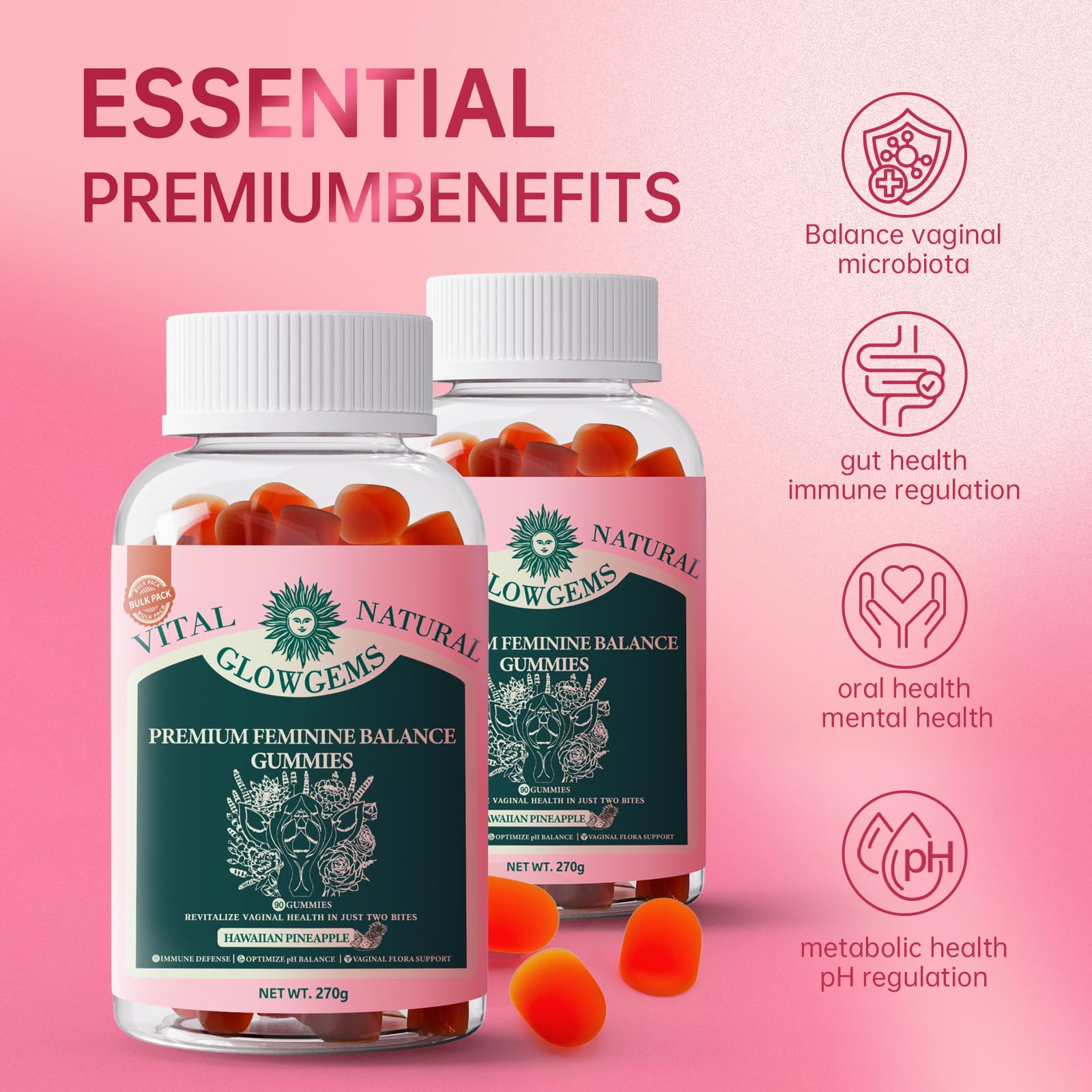 GlowGems Premium Feminine Balance Gummies for Women | pH Balance & Wellness (Vegan, Gluten-Free, 90 Count)