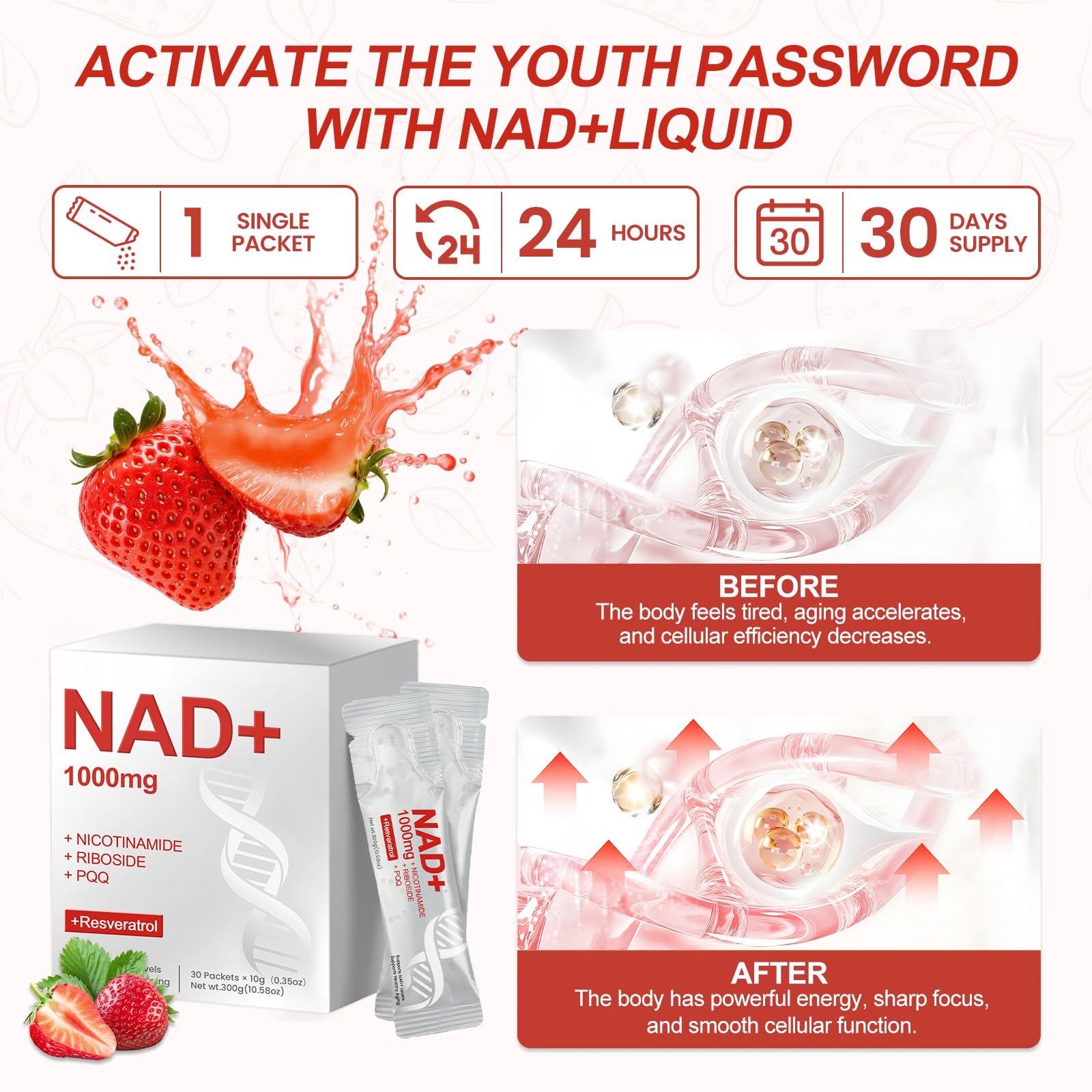 Glowshave NAD 1000mg Liquid Packets – NAD+ Berry Drink Mix with NR, Resveratrol & PQQ – 30 Packets