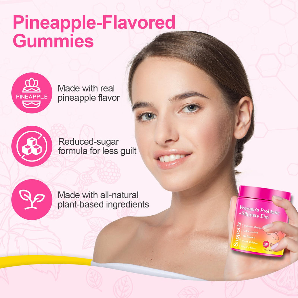 Glowshave Her Juicy Feminine Probiotics Gummies for Women, Pineapple with Slippery Elm - 60 Gummies