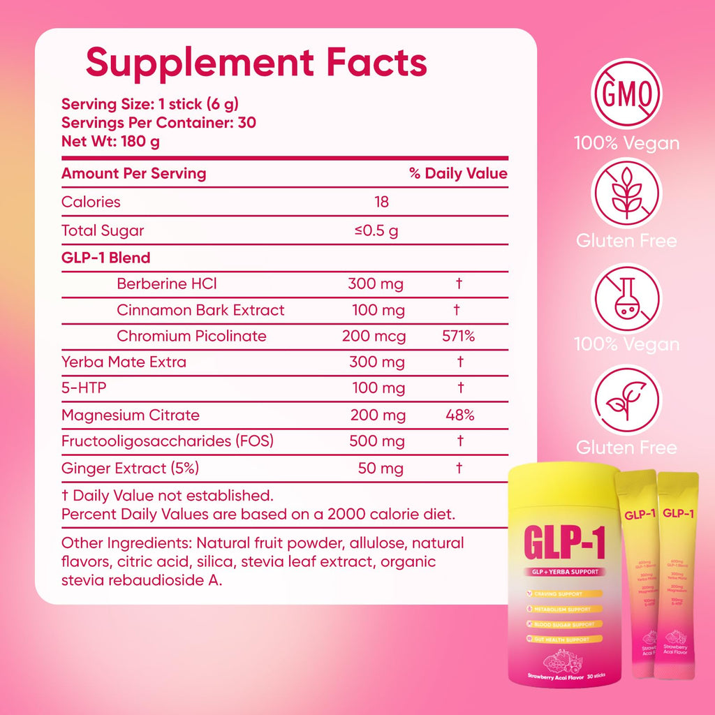 GLP-1 Drink Mix with Berberine, Chromium, 5-HTP, Yerba Mate & Magnesium – Strawberry Acai, 30 Packs | Vegan, Sugar-Free, Non-GMO