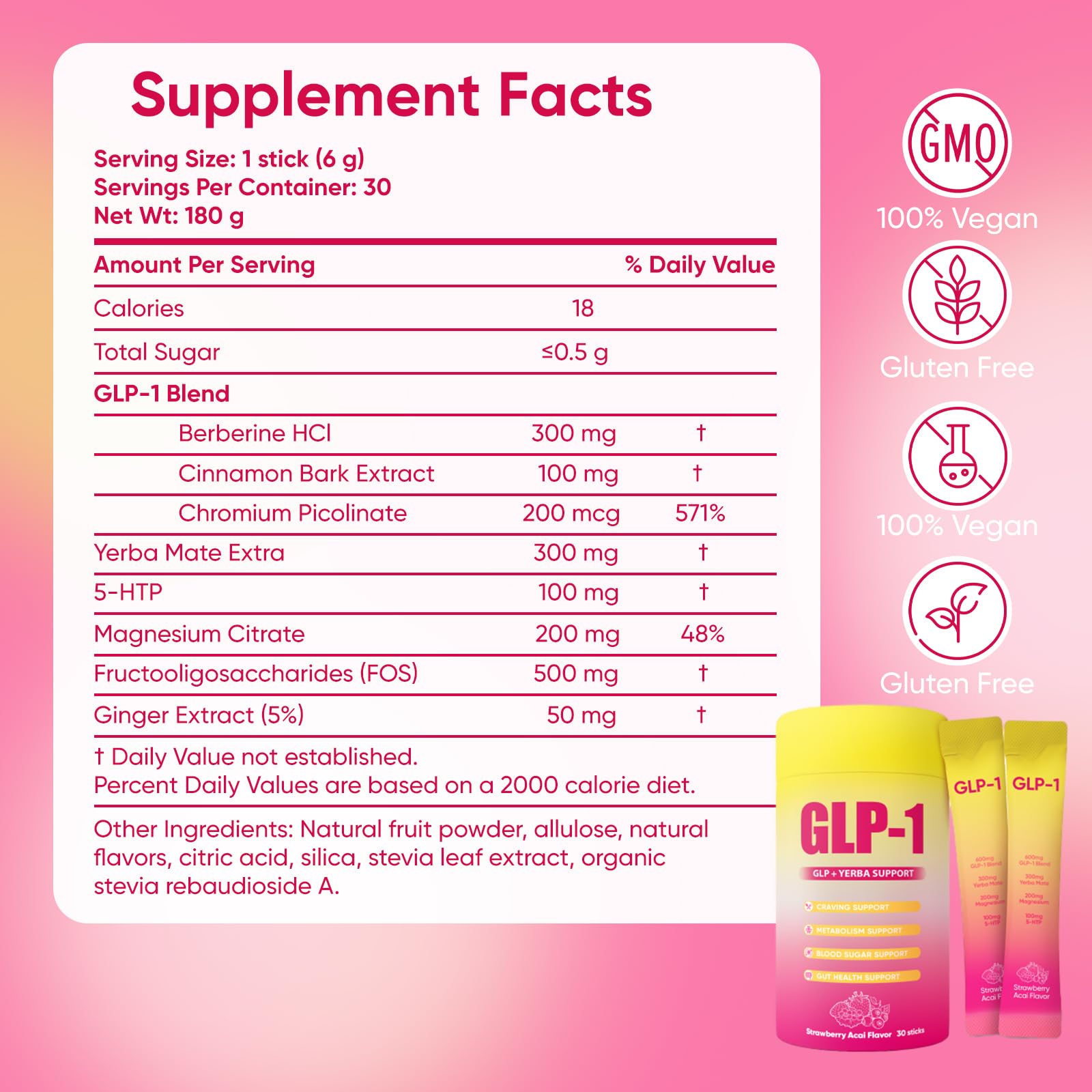 GLP-1 Drink Mix with Berberine, Chromium, 5-HTP, Yerba Mate & Magnesium – Strawberry Acai, 30 Packs | Vegan, Sugar-Free, Non-GMO