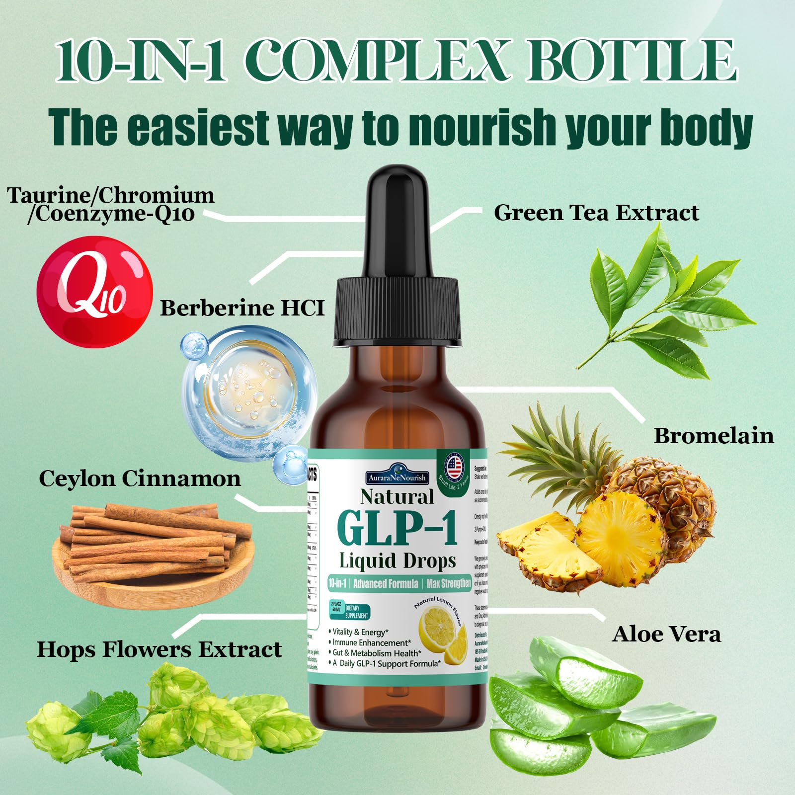2 Pack GLP-1 Supplement Liquid Drops, 10-in-1 Formula with Berberine, Ceylon Cinnamon, Prebiotic Fiber & Green Tea Extract | Supports Healthy Metabolism, Digestive & Gut Health丨Vegan, Non-GMO