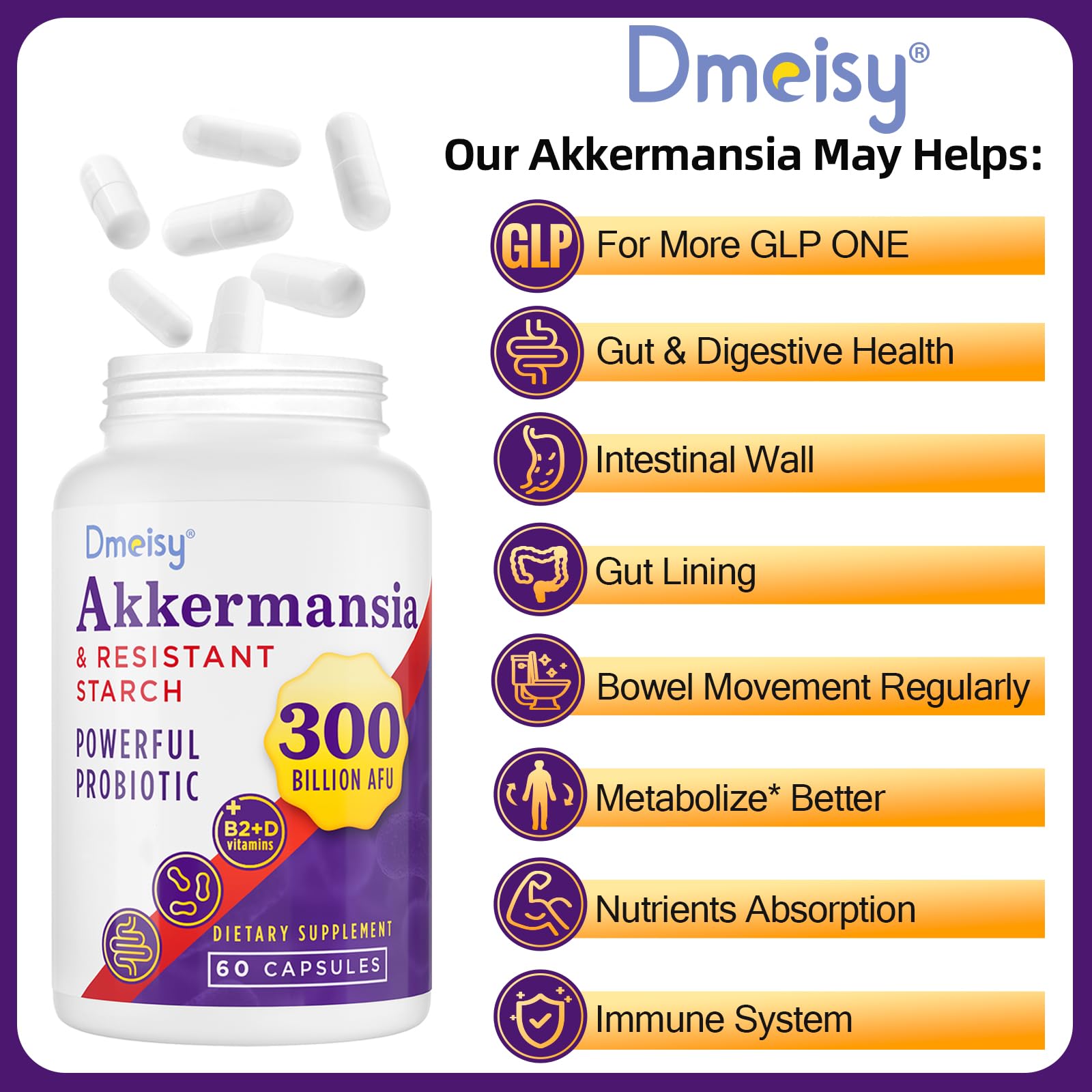 Dmeisy Akkermansia Probiotic - 300 Billion AFU, 60 Count | Gut Health & Immune Support