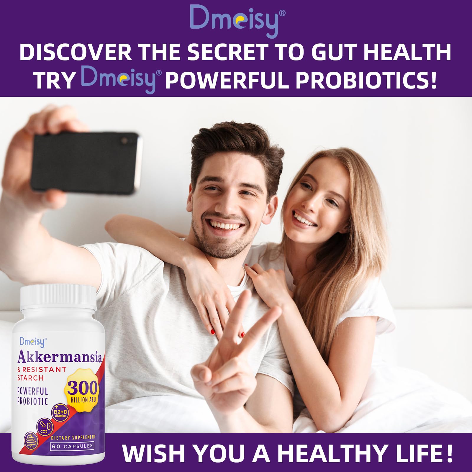 Dmeisy Akkermansia Probiotic - 300 Billion AFU, 60 Count | Gut Health & Immune Support