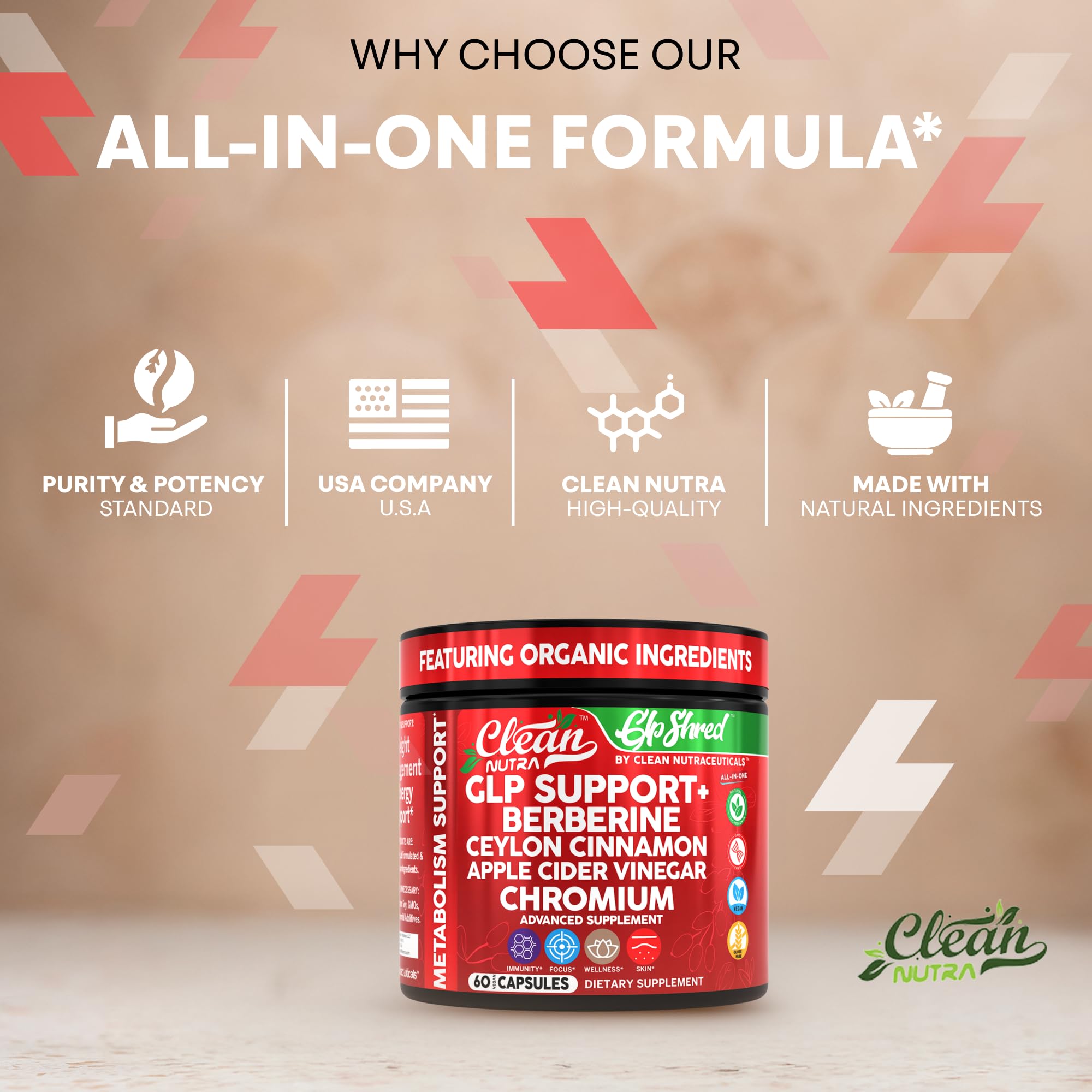 GLP Shred with Berberine, Cinnamon, ACV & Turmeric – 60 Vegan Capsules | Clean Nutra