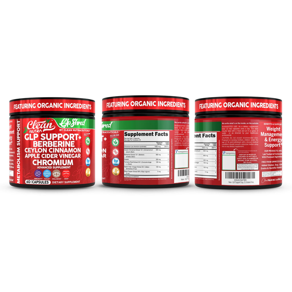 GLP Shred with Berberine, Cinnamon, ACV & Turmeric – 60 Vegan Capsules | Clean Nutra
