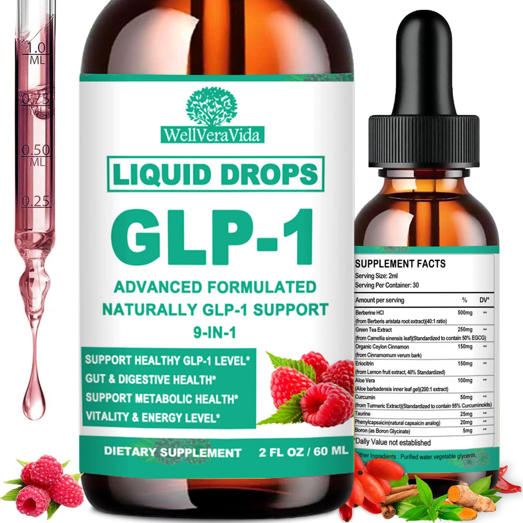 GLP-1 Supplements Drops | 9-in-1 Premium GLP1 Boost w. Berberine, Ceylon Cinnamon, Green Tea Extra- ct Eriocitrin, Naturally GLP 1 Support for Metabolism & Gut Digestion丨Raspberry, Sugar Free