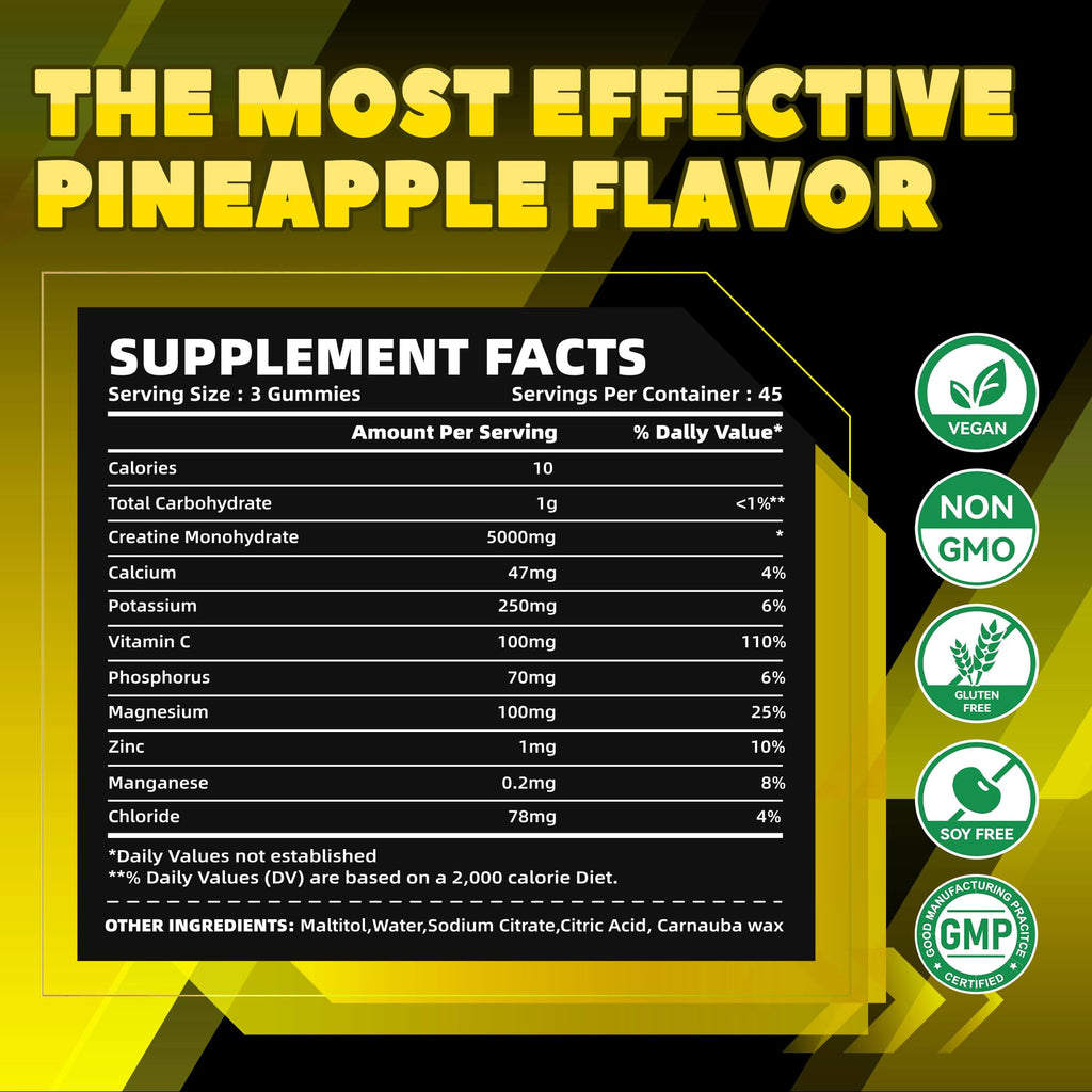 GlucoBio Creatine Monohydrate Gummies (5g) – Pre-Workout Energy, Muscle Growth | Pineapple Electrolyte Gummies 135 Count