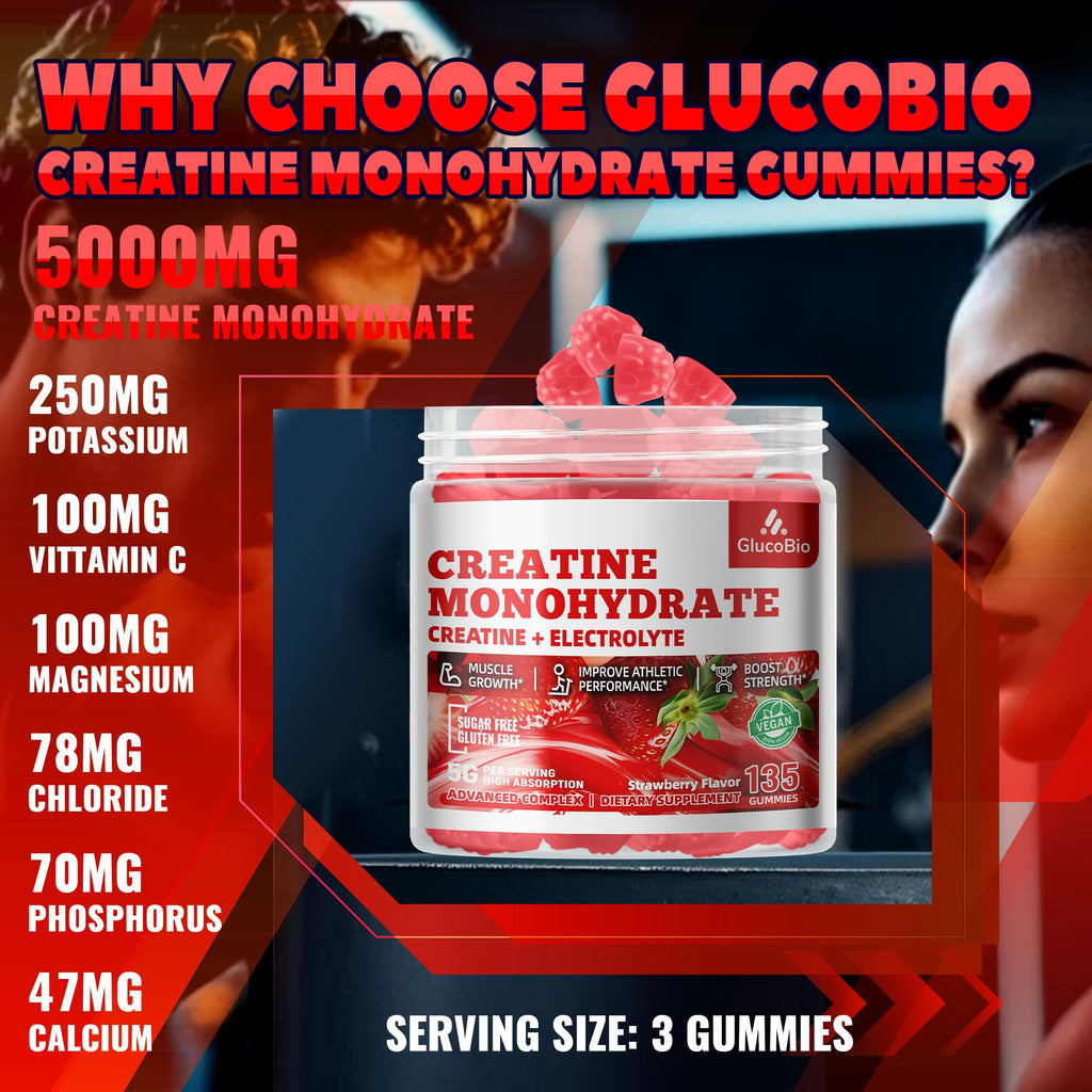 GlucoBio Creatine Monohydrate Gummies (5g) - 135 Count, Strawberry Electrolyte