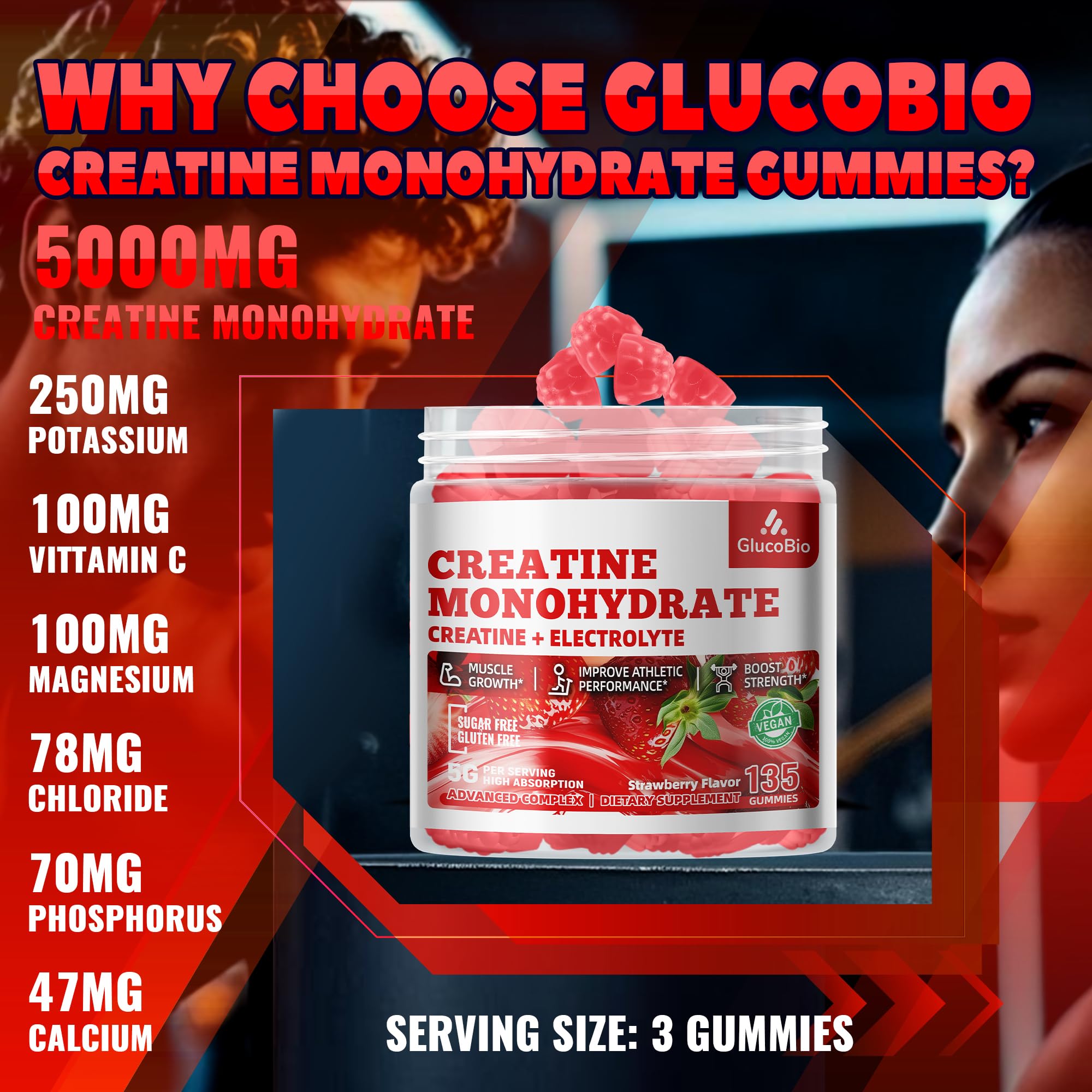 GlucoBio Creatine Monohydrate Gummies (5g) - 135 Count, Strawberry Electrolyte