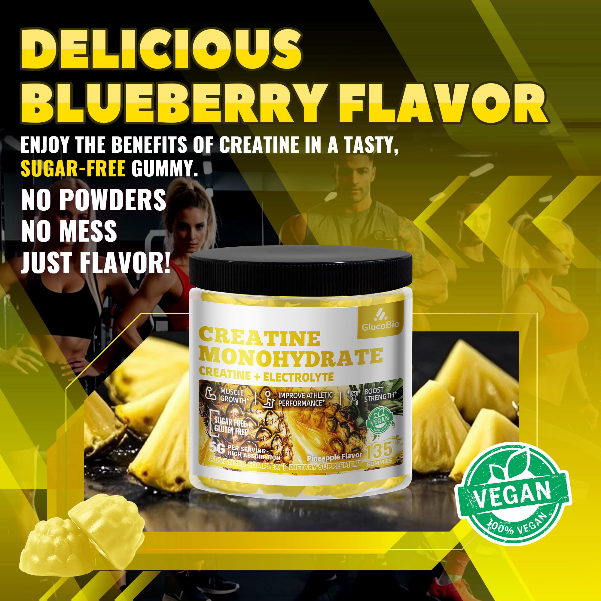 GlucoBio Creatine Monohydrate Gummies (5g) – Pre-Workout Energy, Muscle Growth | Pineapple Electrolyte Gummies 135 Count